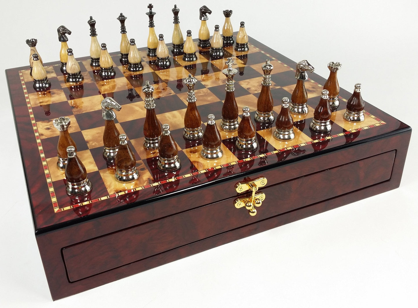Brass Metal Black Chrome & Wood Staunton Chess Set W/Cherry Color Storage Board