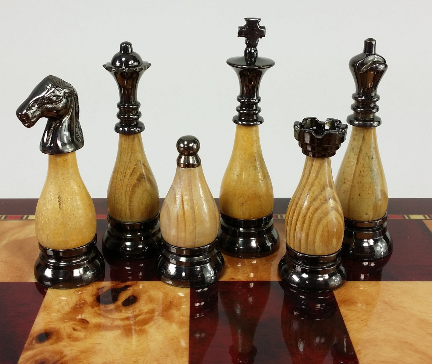 Brass Metal Black Chrome & Wood Staunton Chess Set W/ 18" Cherry Color Board