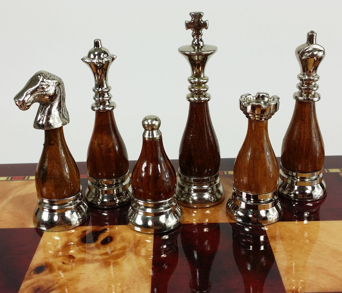 Brass Metal Black Chrome & Wood Staunton Chess Set W/Cherry Color Storage Board