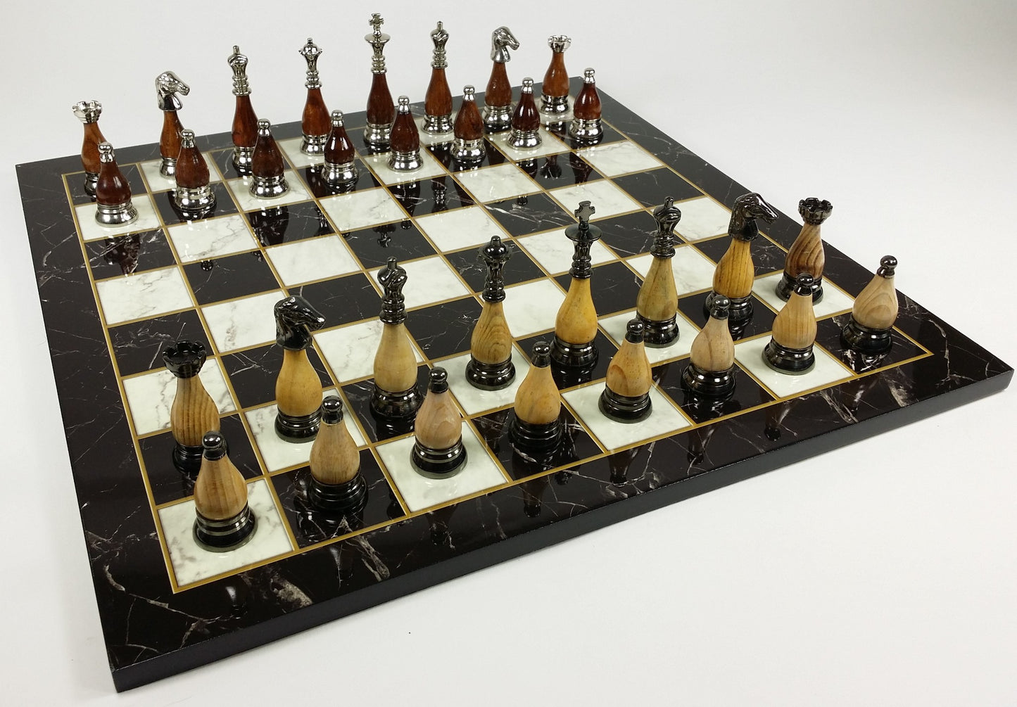 Brass Metal Staunton Black Chrome W/ Wood Inserts Chess Set Faux Marble Board