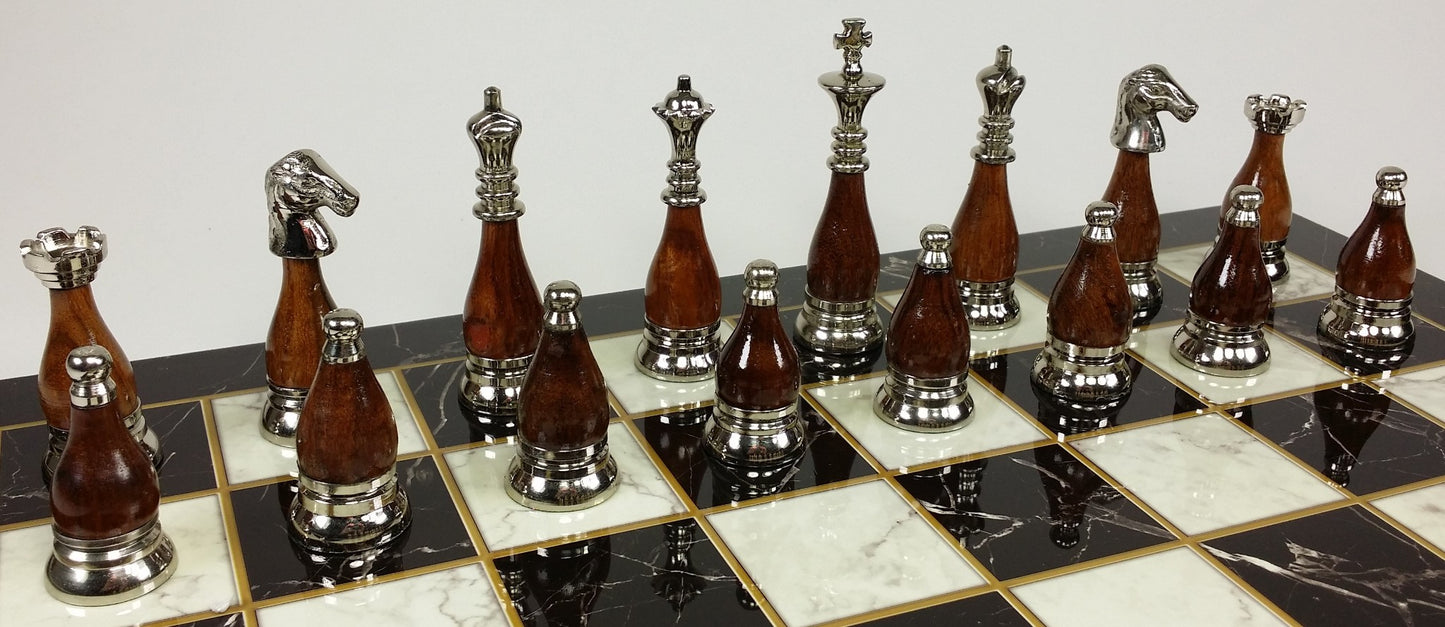 Brass Metal Staunton Black Chrome W/ Wood Inserts Chess Set Faux Marble Board
