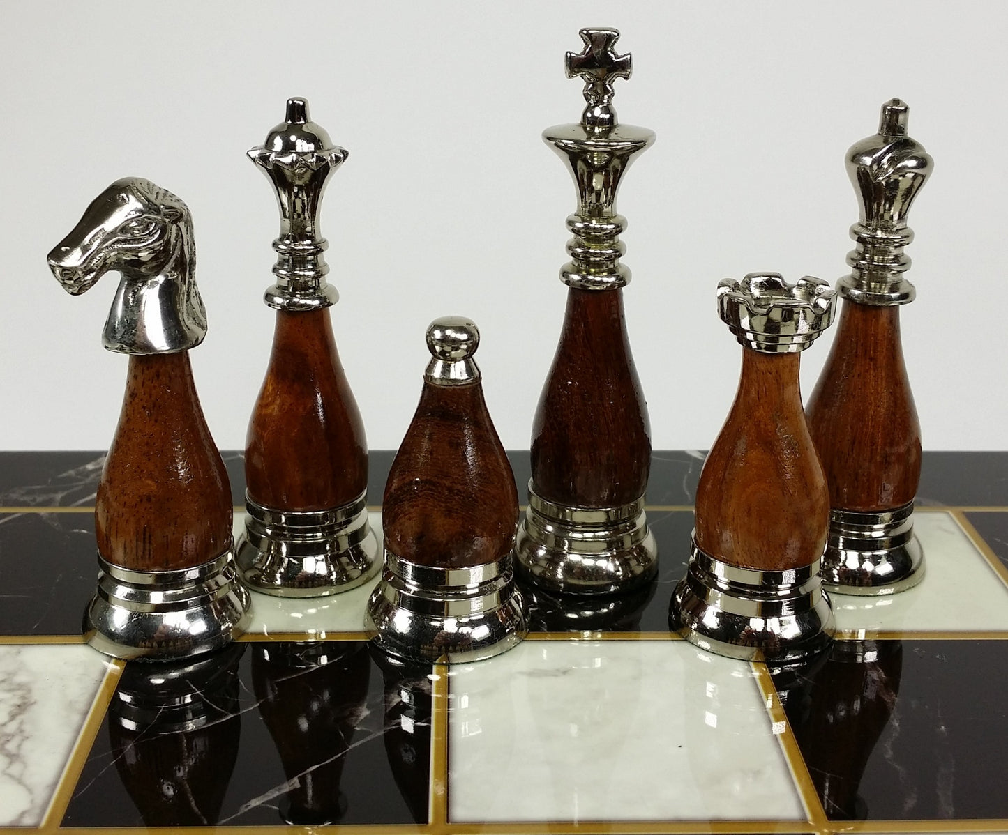 Brass Metal Staunton Black Chrome W/ Wood Inserts Chess Set Faux Marble Board