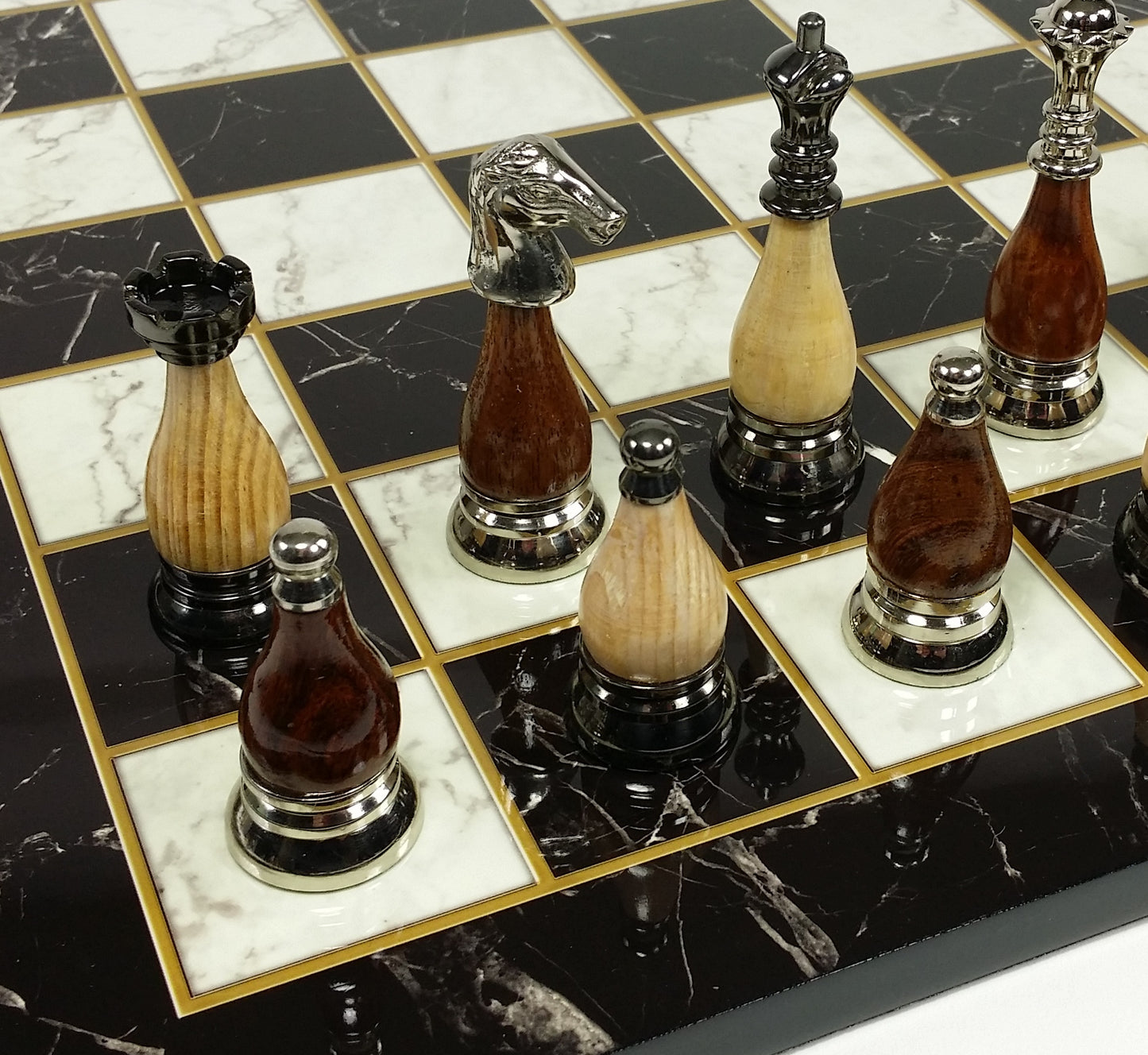 Brass Metal Staunton Black Chrome W/ Wood Inserts Chess Set Faux Marble Board