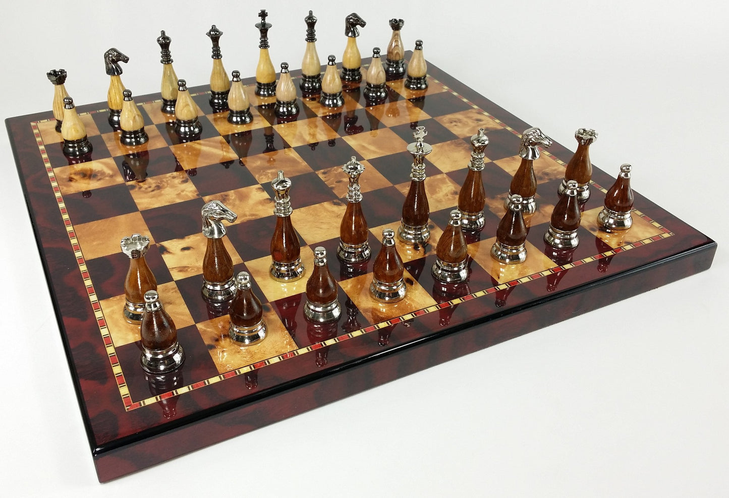 Brass Metal Black Chrome & Wood Staunton Chess Set W/ 18" Cherry Color Board