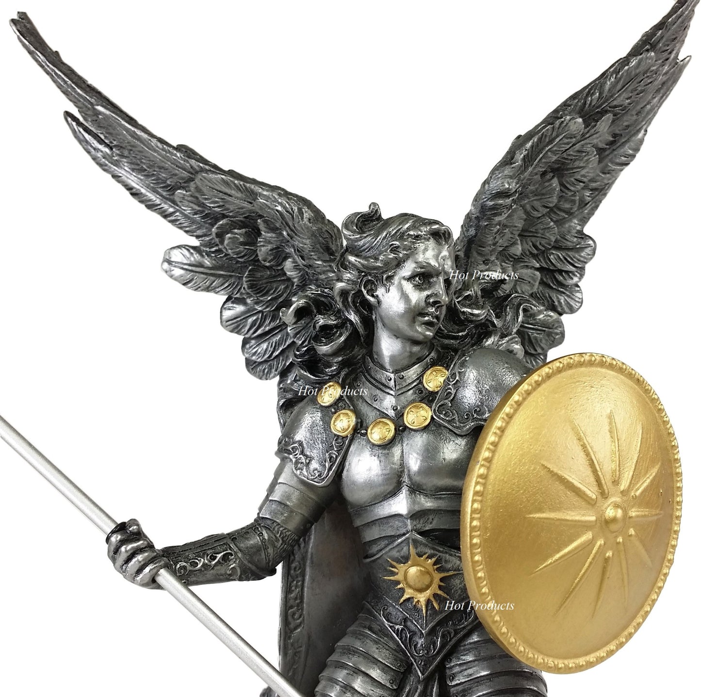 13" SAINT RAPHAEL Archangel With Spear Statue Pewter & Gold Finish St Angel