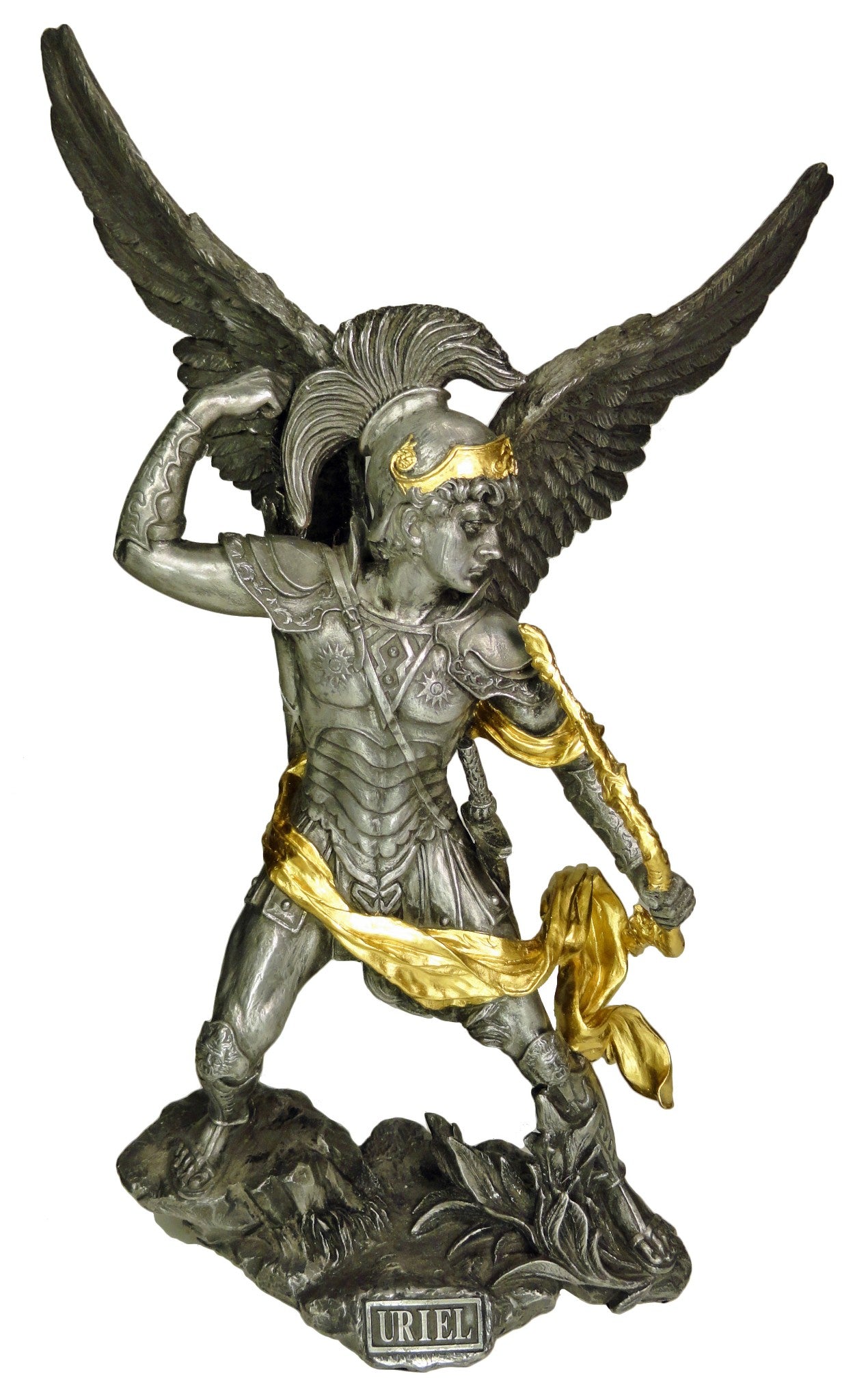 13.75" Uriel Archangel With Bow Angel Statue Antique Pewter & Gold Color