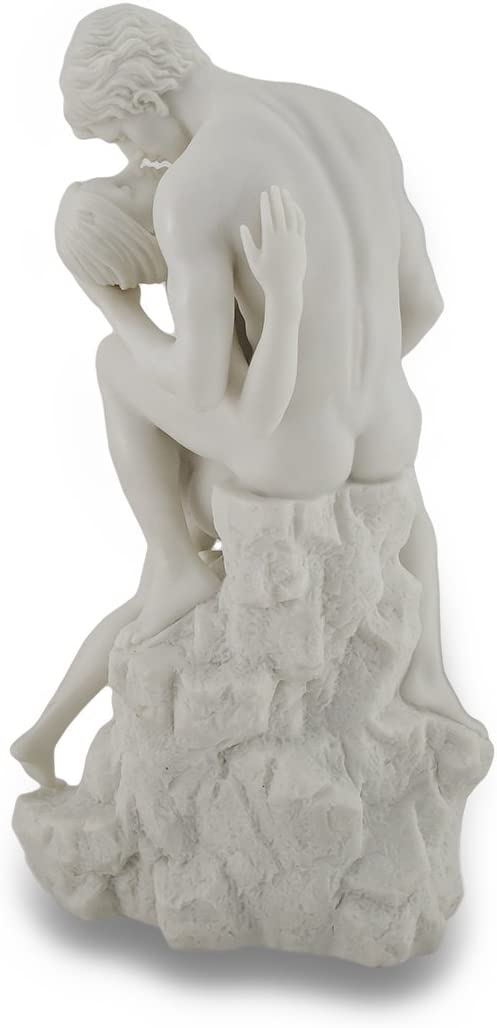 11.5" LOVERS KISSING on Rock Nude Male & Female Statue White Marble Finish
