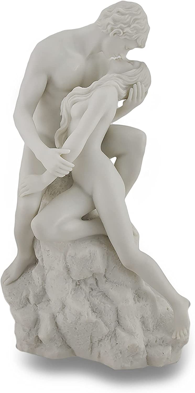 11.5" LOVERS KISSING on Rock Nude Male & Female Statue White Marble Finish