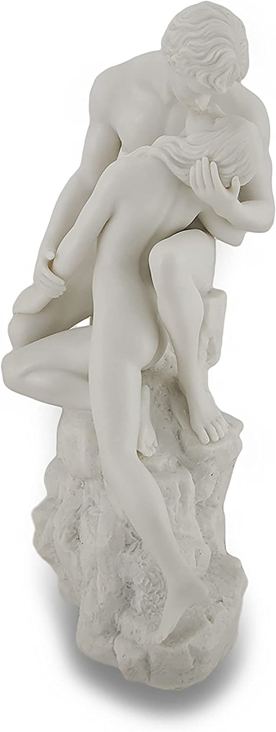 11.5" LOVERS KISSING on Rock Nude Male & Female Statue White Marble Finish