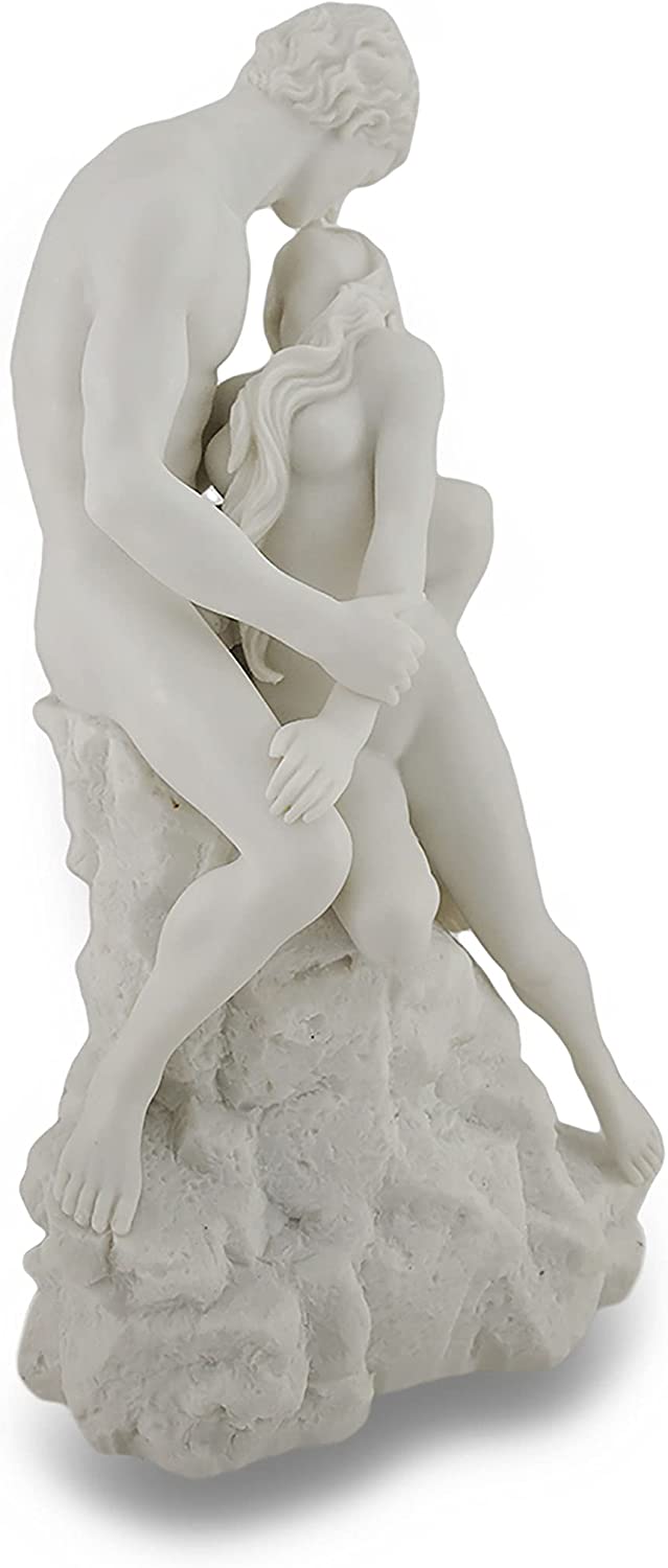 11.5" LOVERS KISSING on Rock Nude Male & Female Statue White Marble Finish