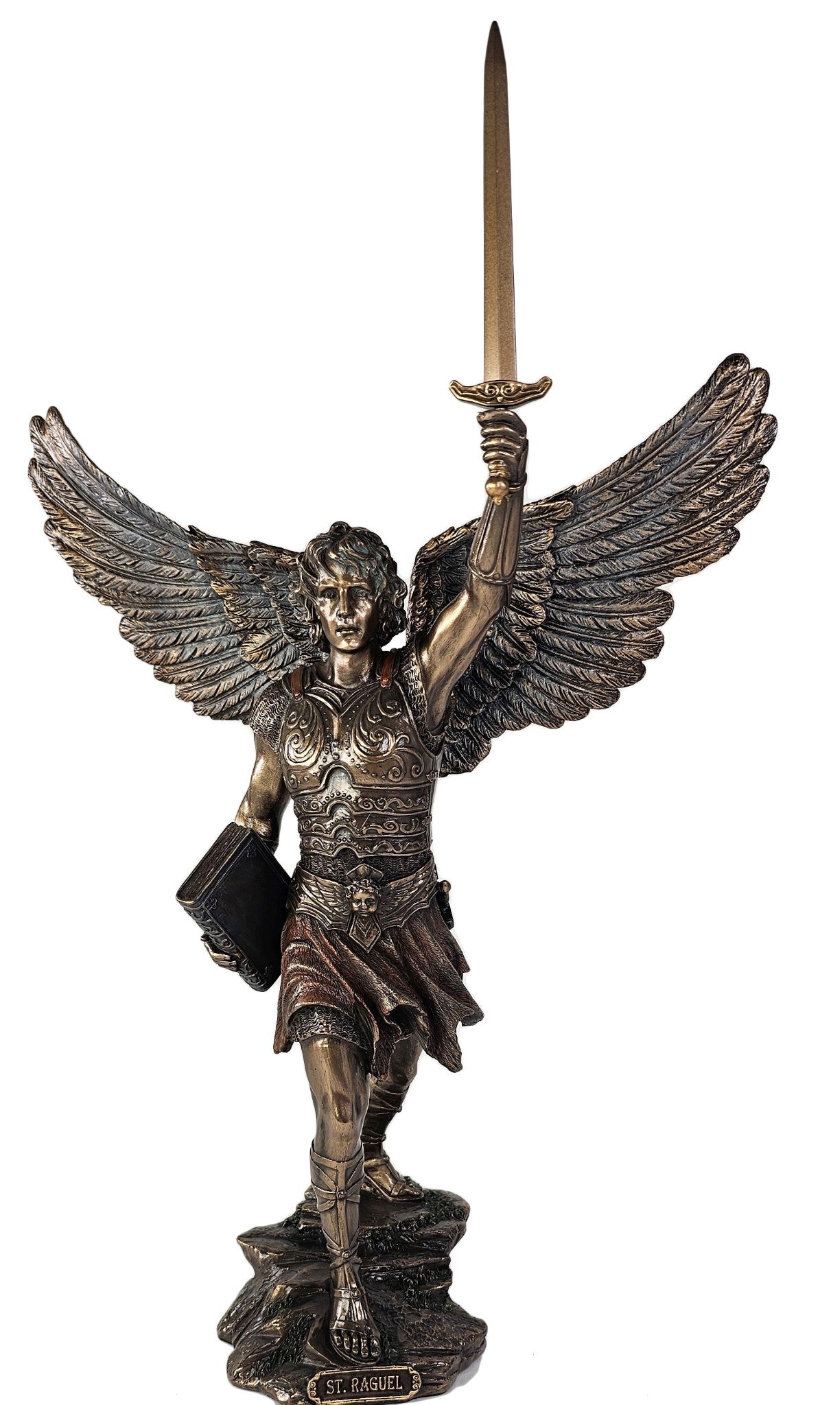 13" Saint Raguel ARCHANGEL With Book and Sword Statue Bronze Color Angel