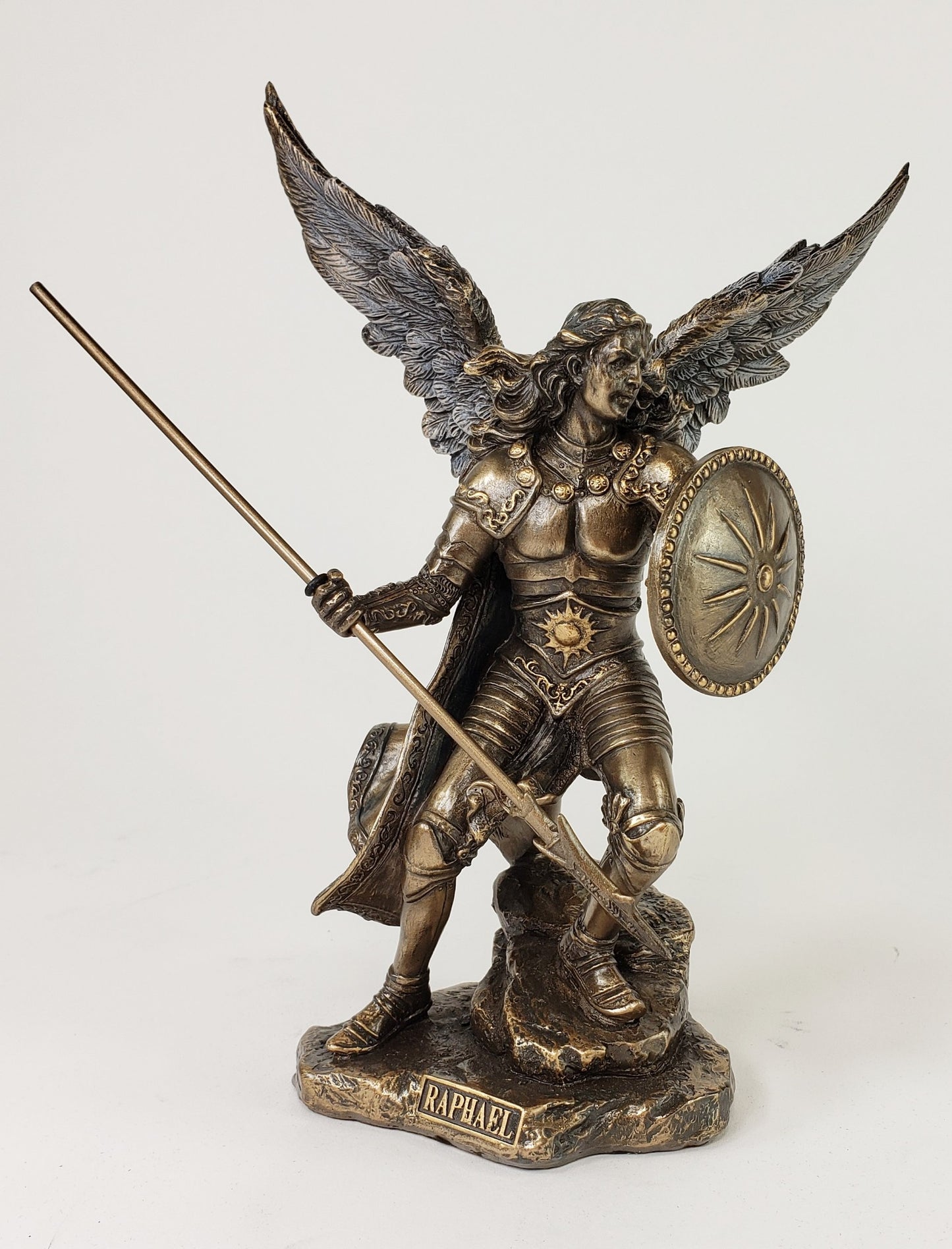 9.5" Saint Raphael ARCHANGEL W Spear Statue Sculpture Antique Bronze Color