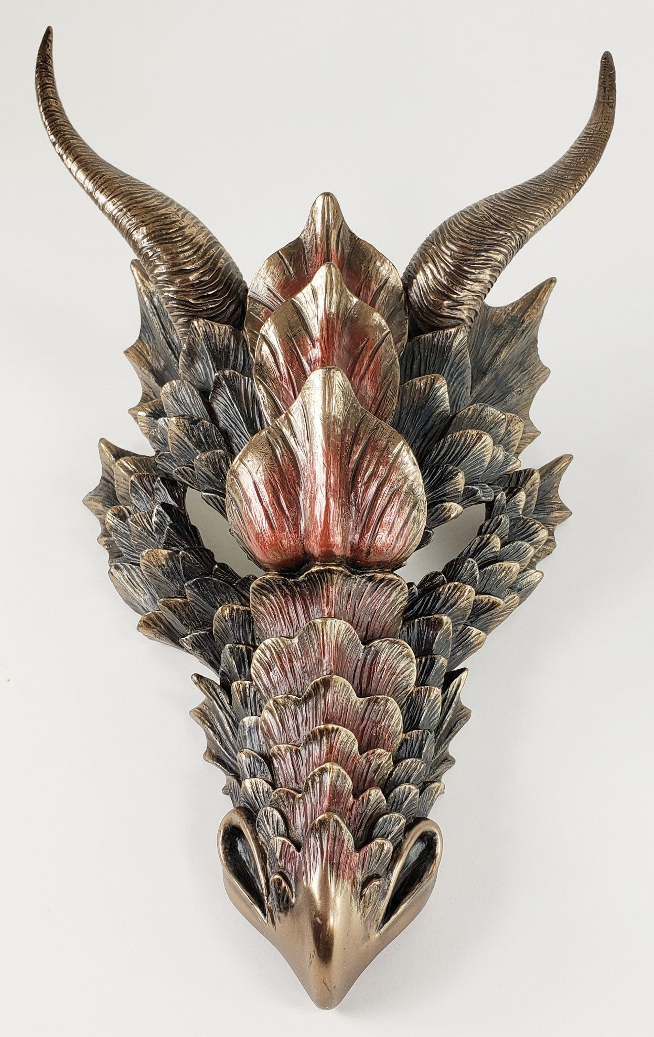 12 1/2" Medieval Dragon Head Mask Wall Hanging Plaque Statue Bronze Red Color