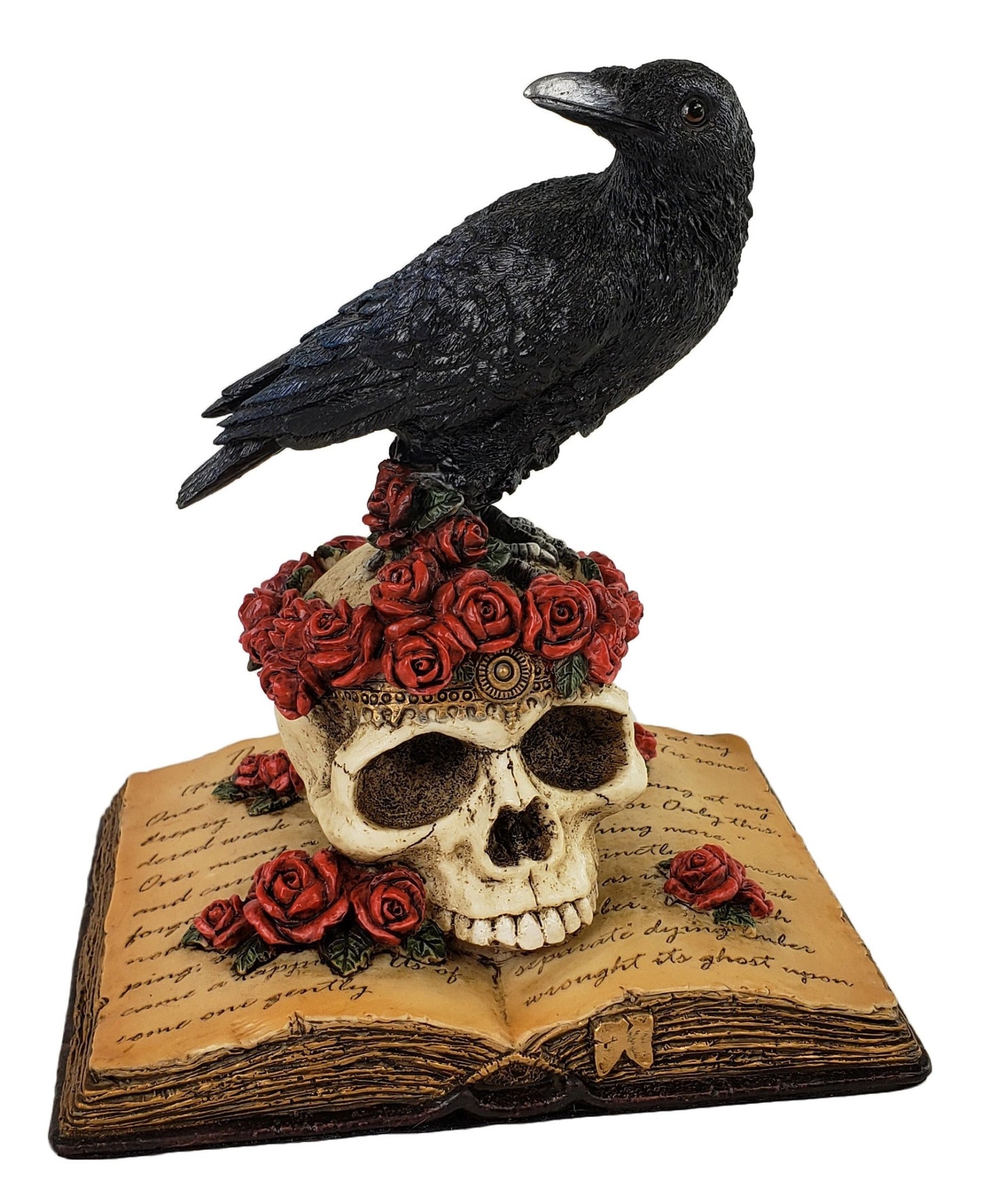 7 inch The Raven Book Statue with Scull and Roses Hand Painted
