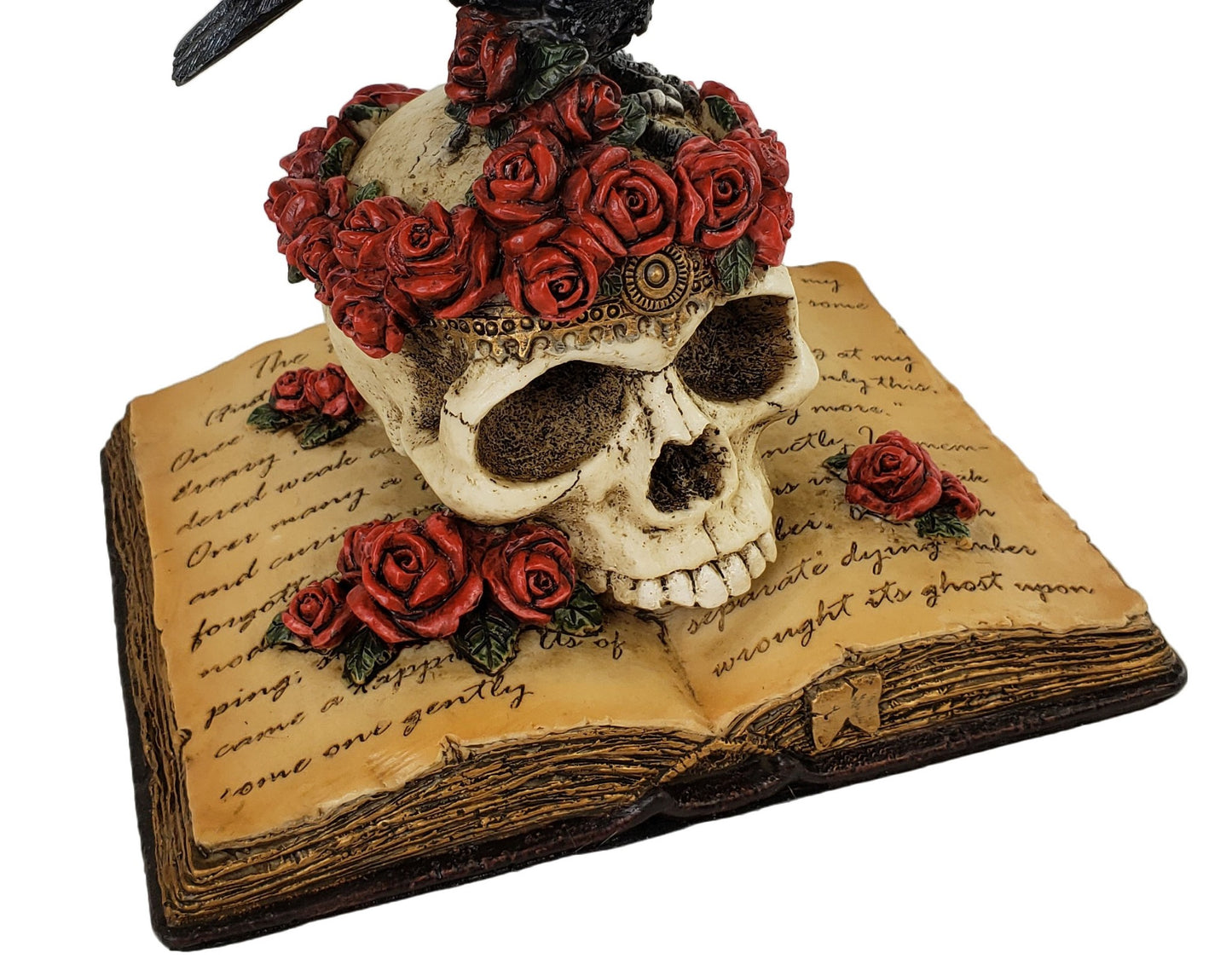7 inch The Raven Book Statue with Scull and Roses Hand Painted