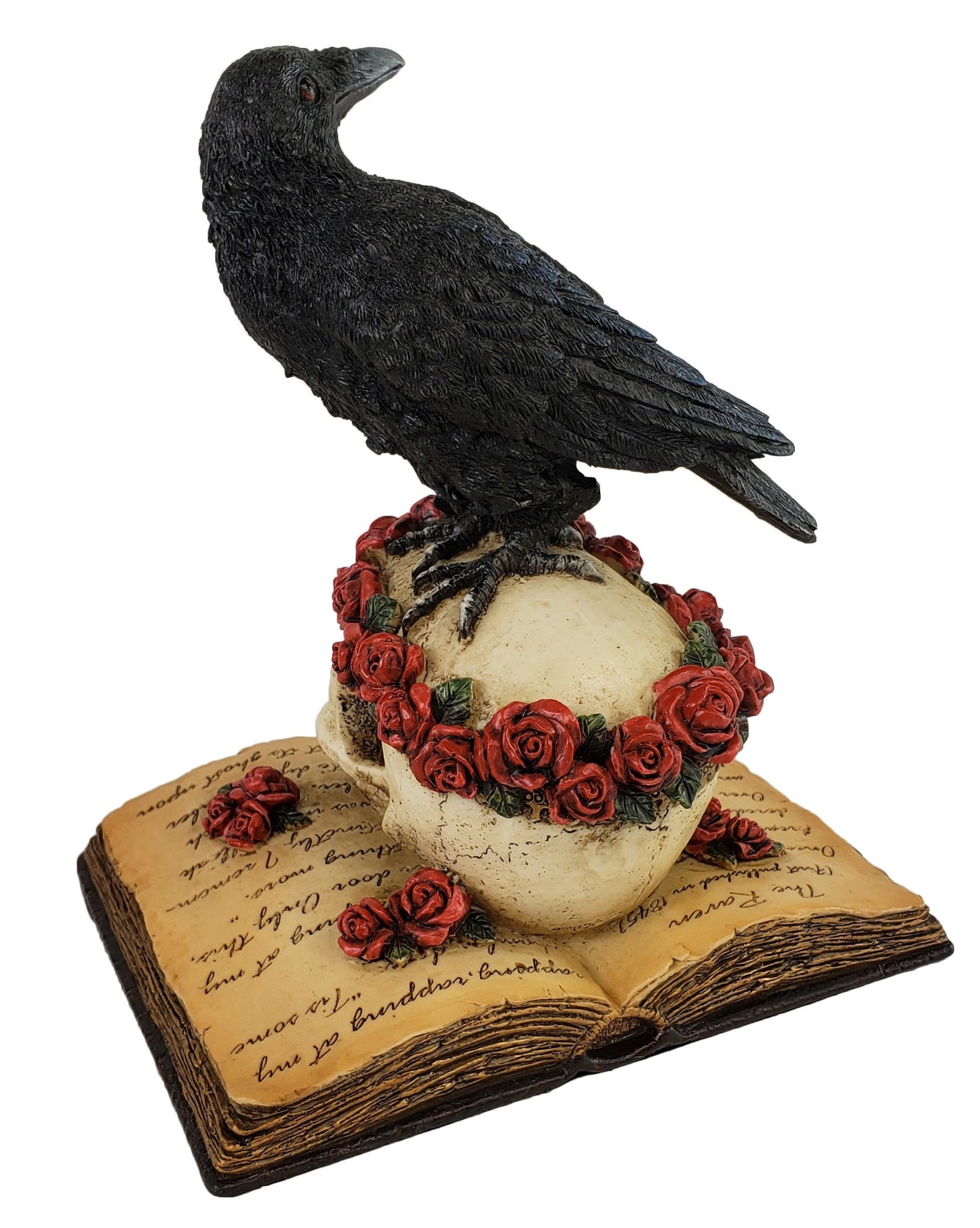 7 inch The Raven Book Statue with Scull and Roses Hand Painted