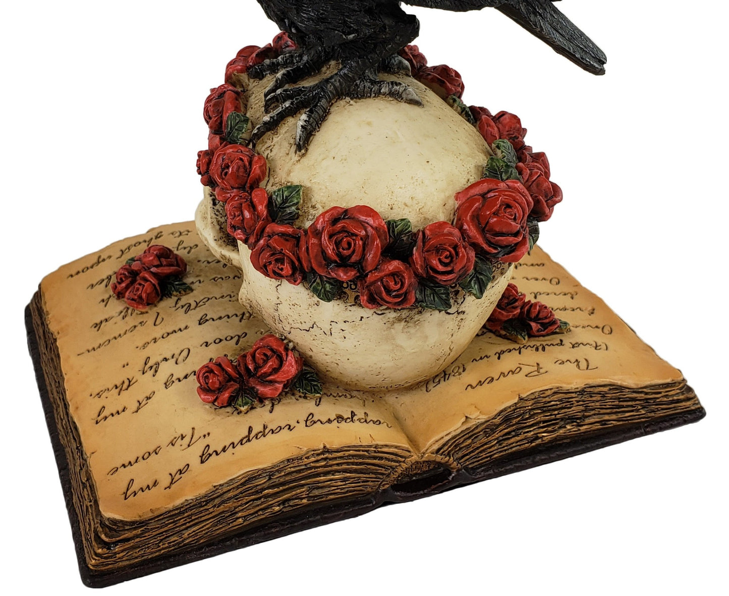 7 inch The Raven Book Statue with Scull and Roses Hand Painted