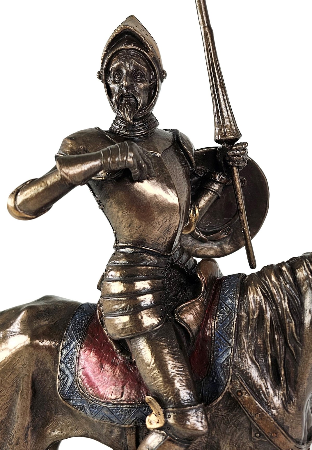 Don Quixote on Horse Raising Jousting Spear Spanish Statue Antique Bronze Finish