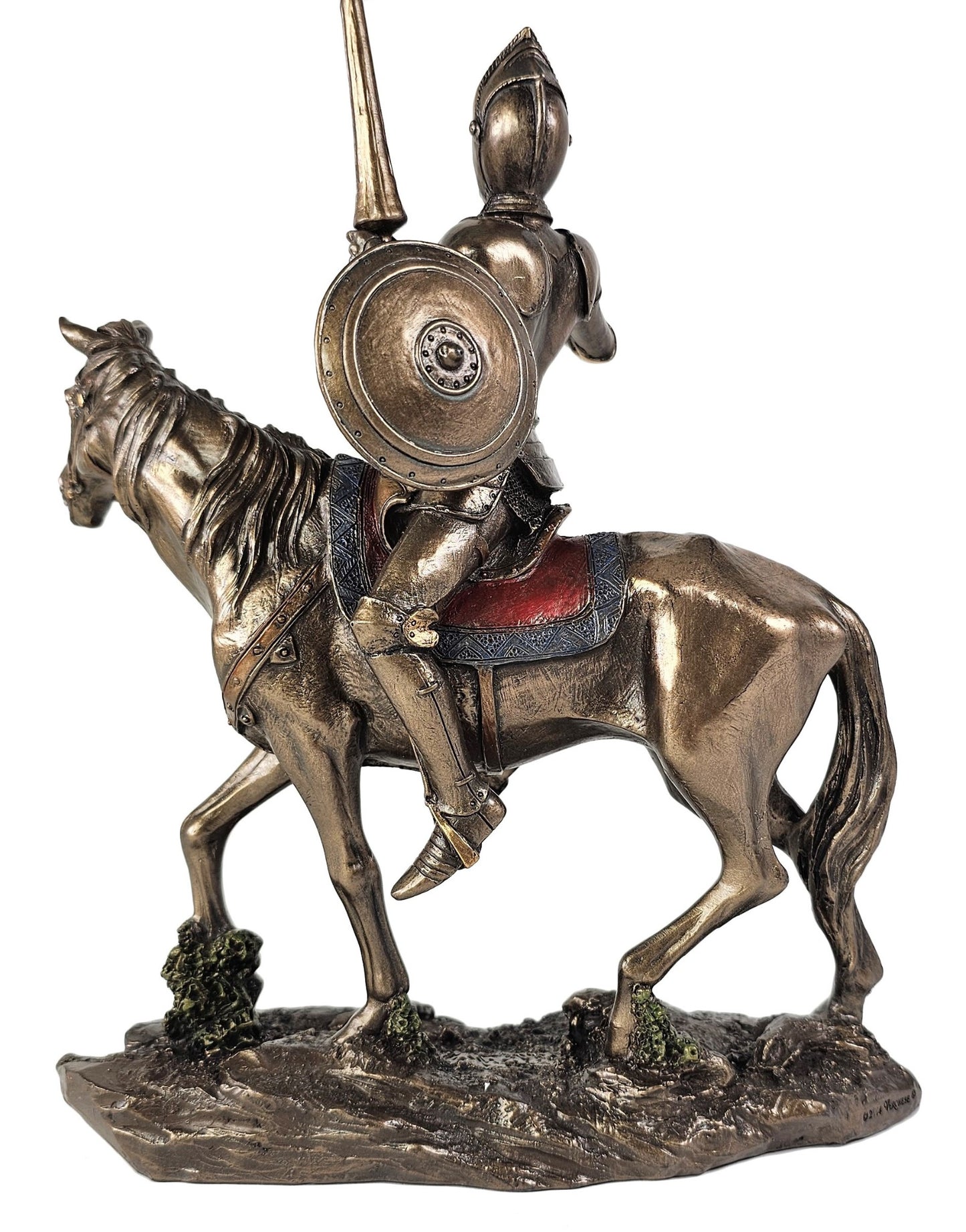 Don Quixote on Horse Raising Jousting Spear Spanish Statue Antique Bronze Finish