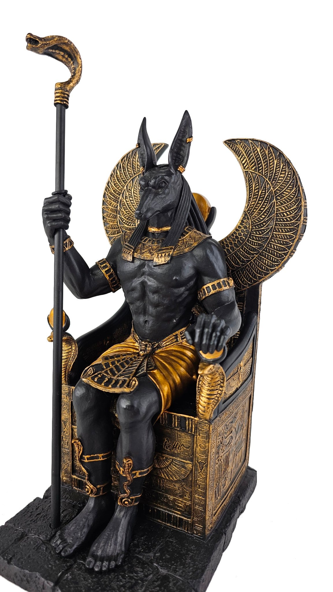 10.5" Egyptian Anubis Jackal W Cobra Scepter on Throne Statue Black & Gold Color