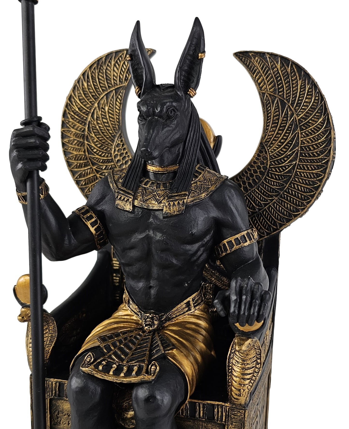 10.5" Egyptian Anubis Jackal W Cobra Scepter on Throne Statue Black & Gold Color