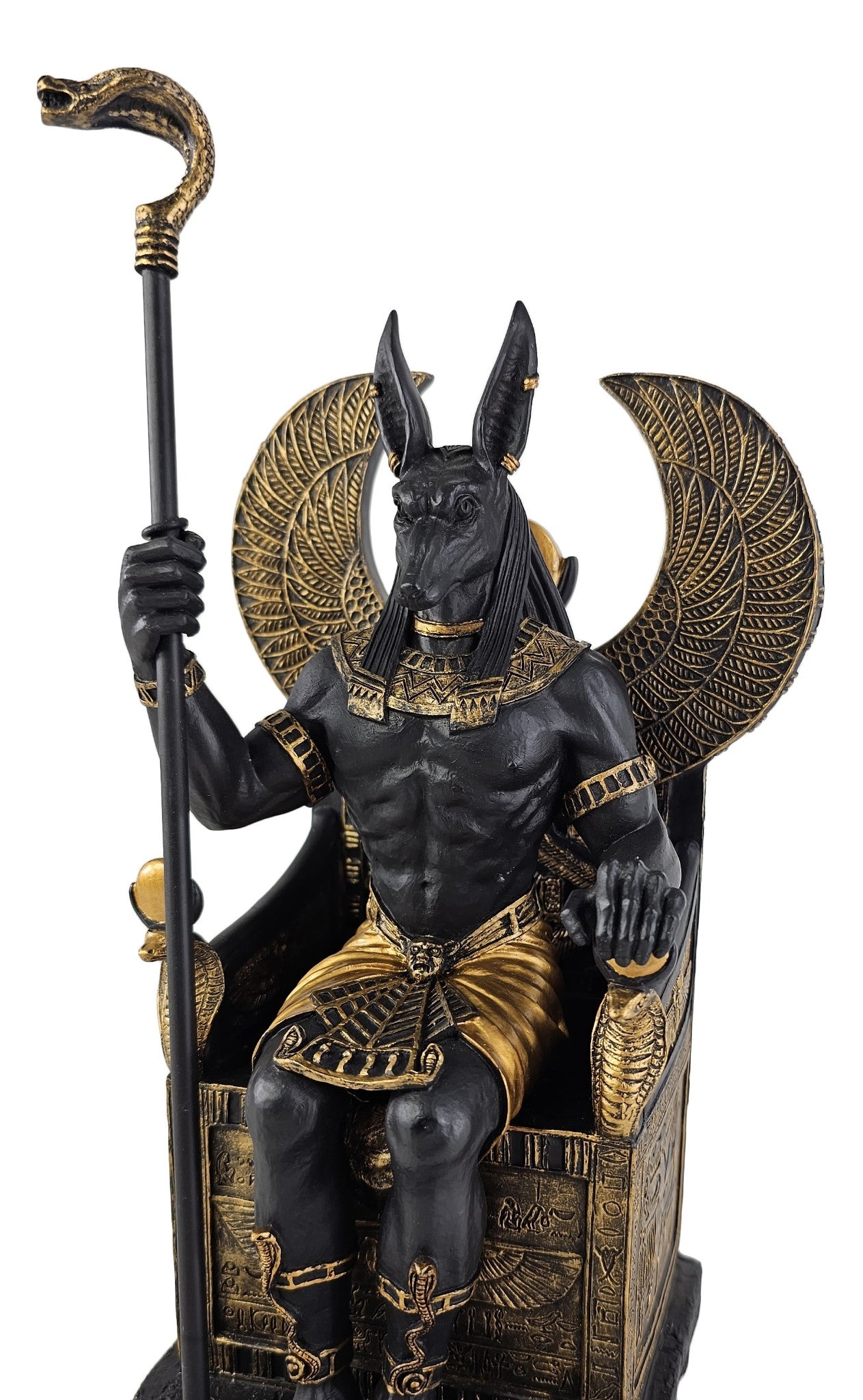 10.5" Egyptian Anubis Jackal W Cobra Scepter on Throne Statue Black & Gold Color