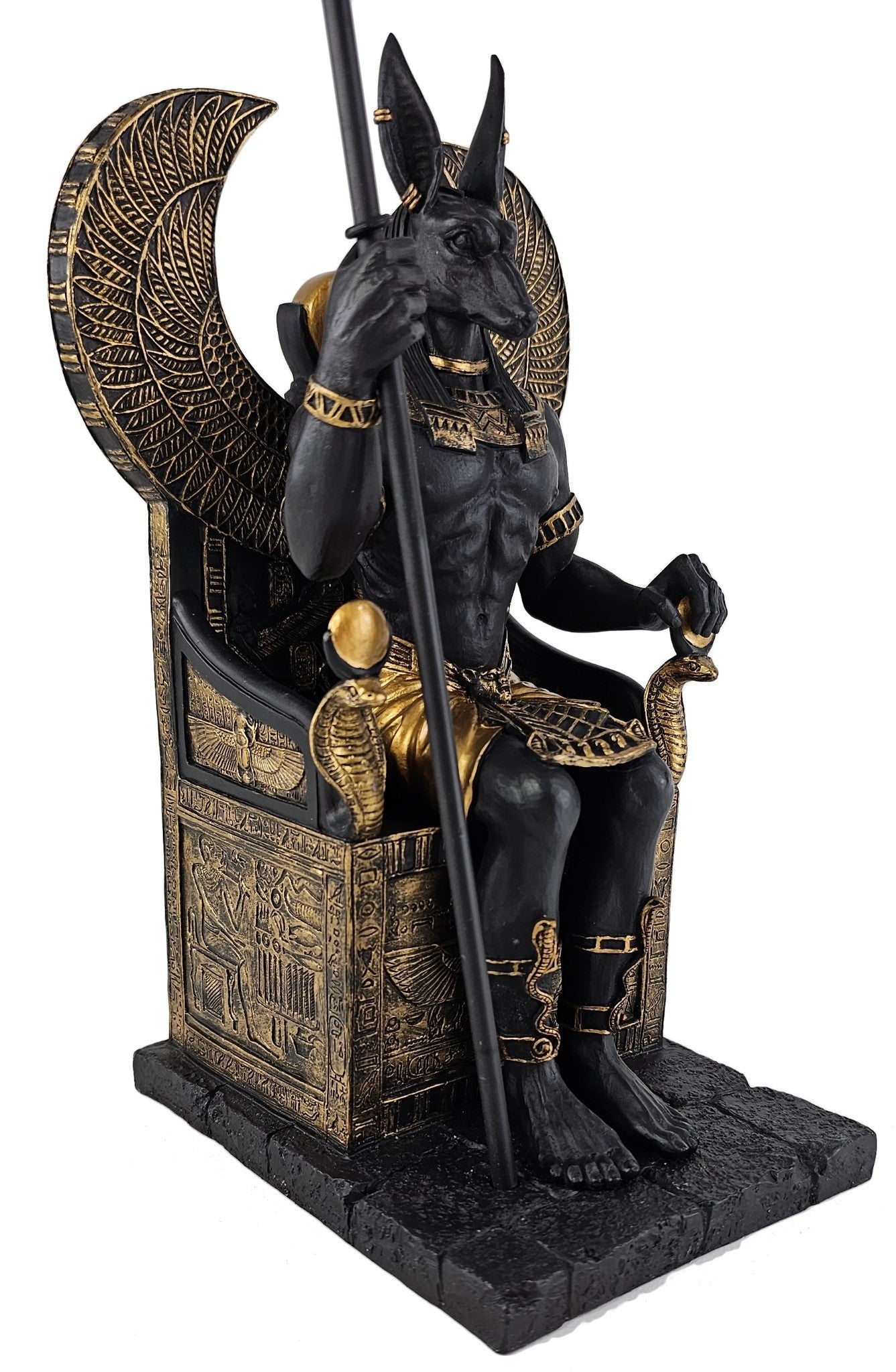 10.5" Egyptian Anubis Jackal W Cobra Scepter on Throne Statue Black & Gold Color