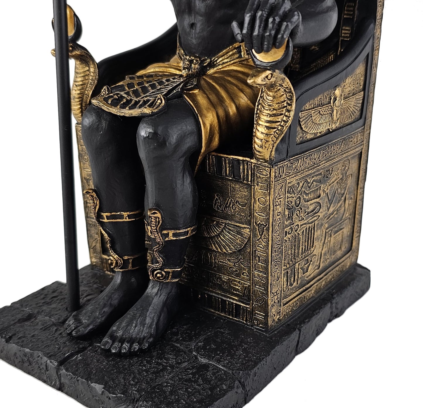 10.5" Egyptian Anubis Jackal W Cobra Scepter on Throne Statue Black & Gold Color