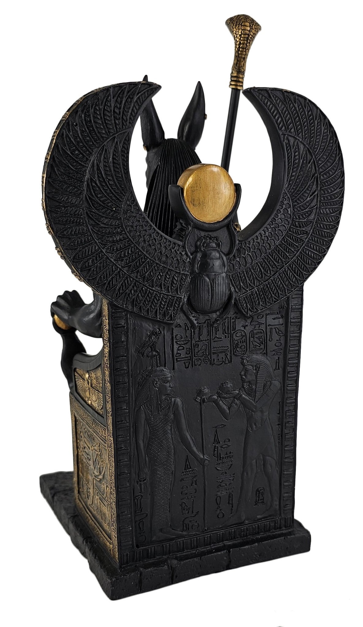 10.5" Egyptian Anubis Jackal W Cobra Scepter on Throne Statue Black & Gold Color