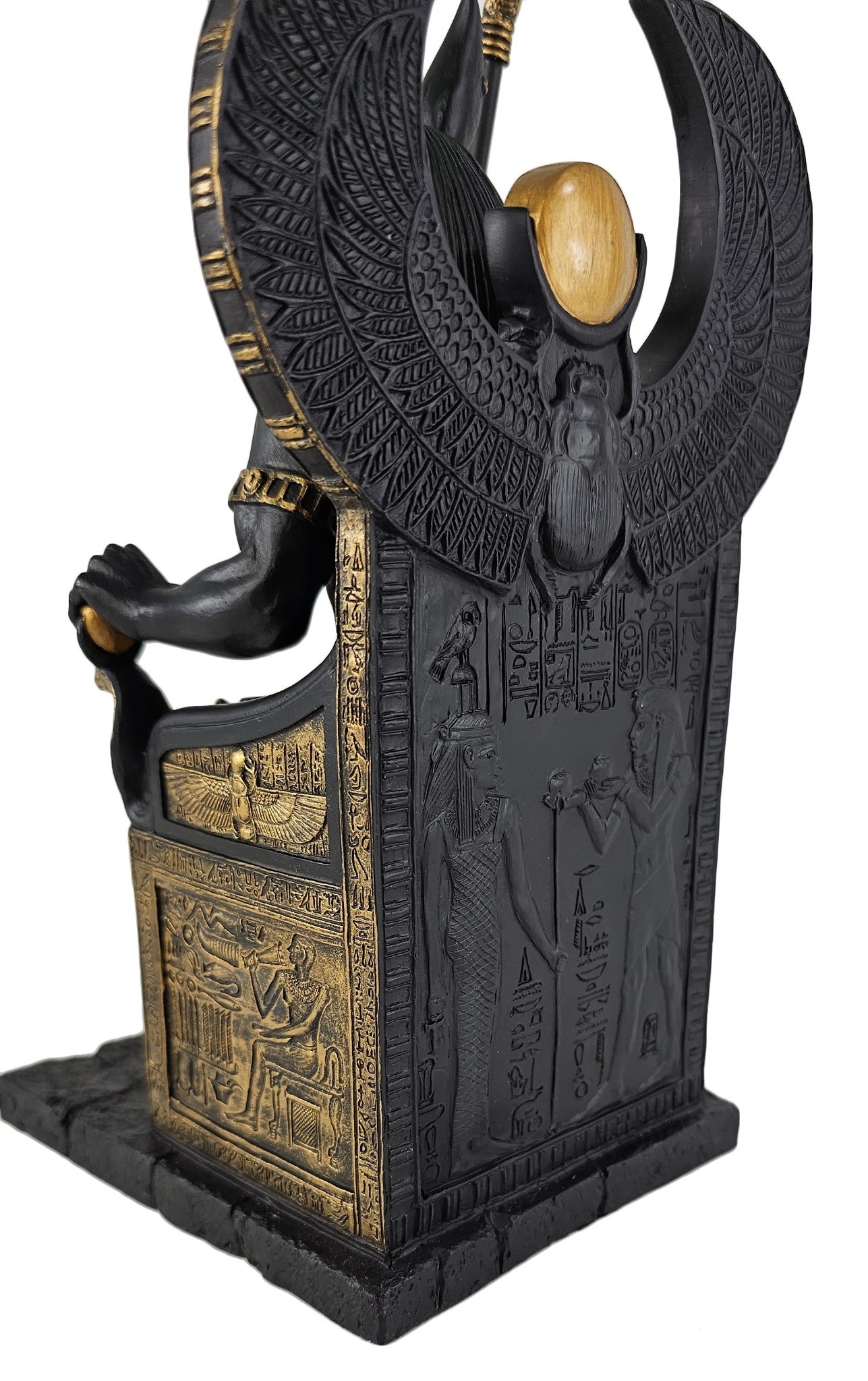 10.5" Egyptian Anubis Jackal W Cobra Scepter on Throne Statue Black & Gold Color