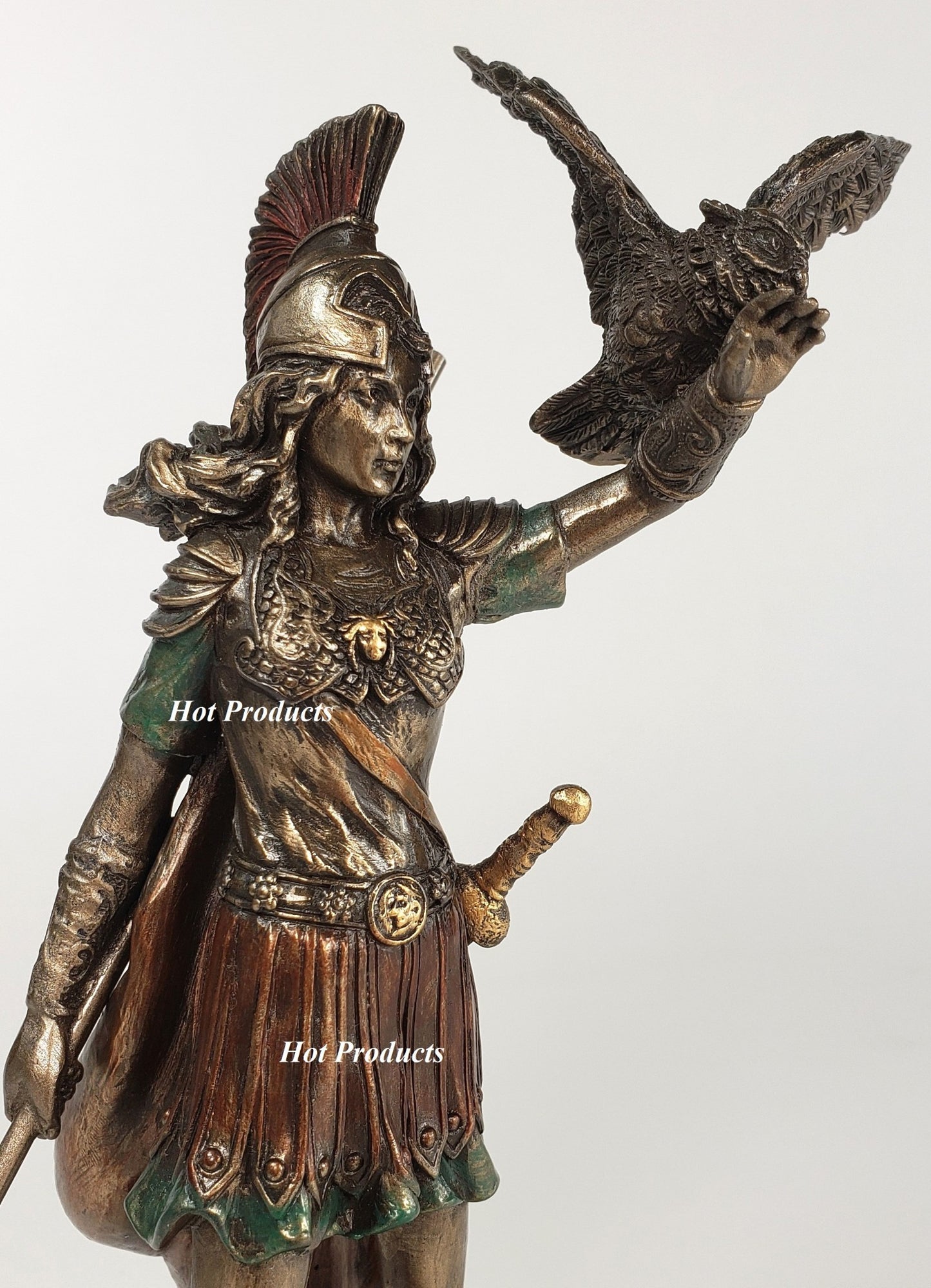8" ATHENA Goddess of War W Spear Raising Owl Greek Mythology Statue Bronze Color