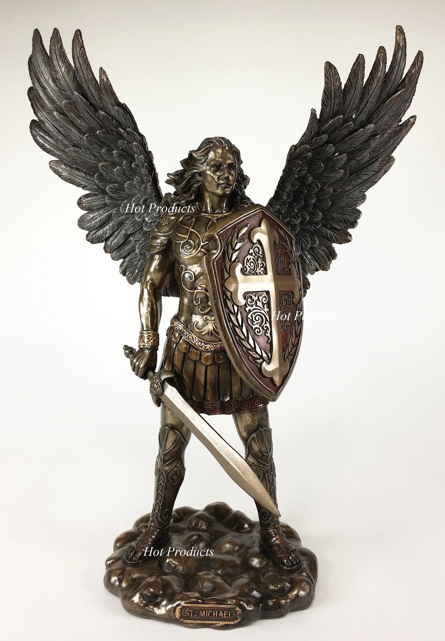14" Saint Michael ARCHANGEL W Sword & Battle Shield Statue Bronze Finish Angel