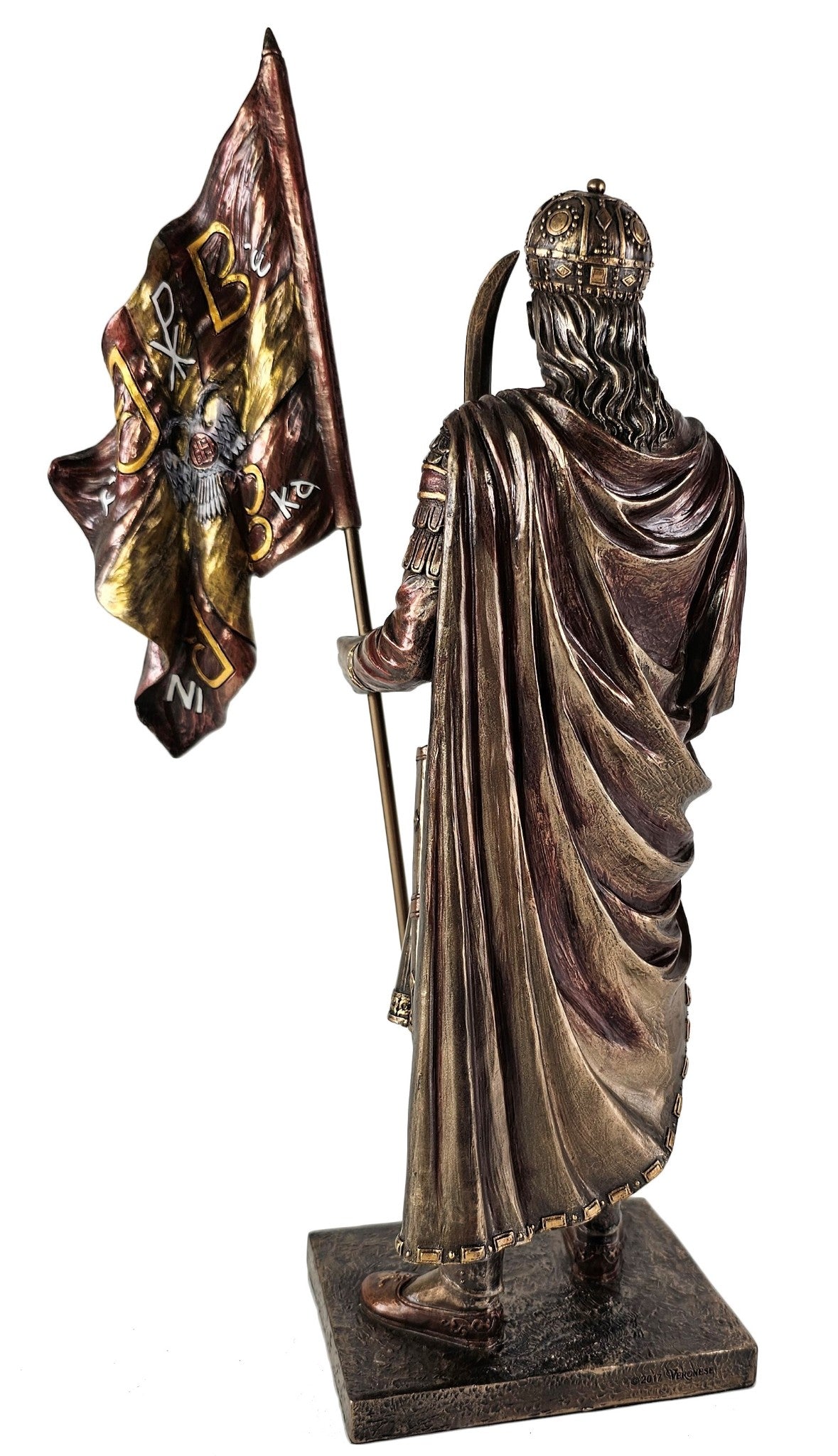 12 3/4 inc Roman Emperor Constantine the Great Holding Flag Statue Bronze Finish