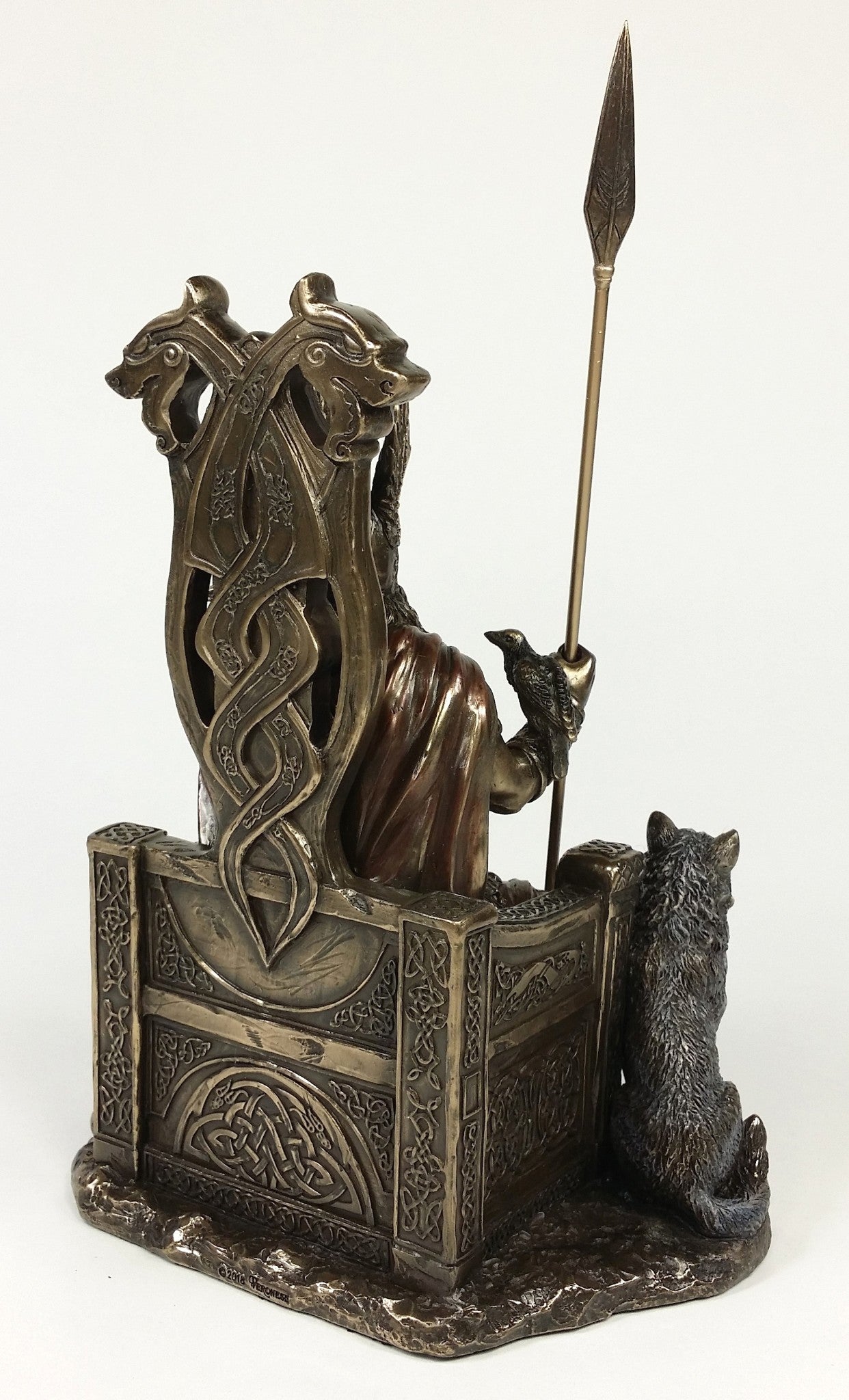 Odin on Throne W Wolves Viking Norse Mythology God Statue Antique Bronze Color