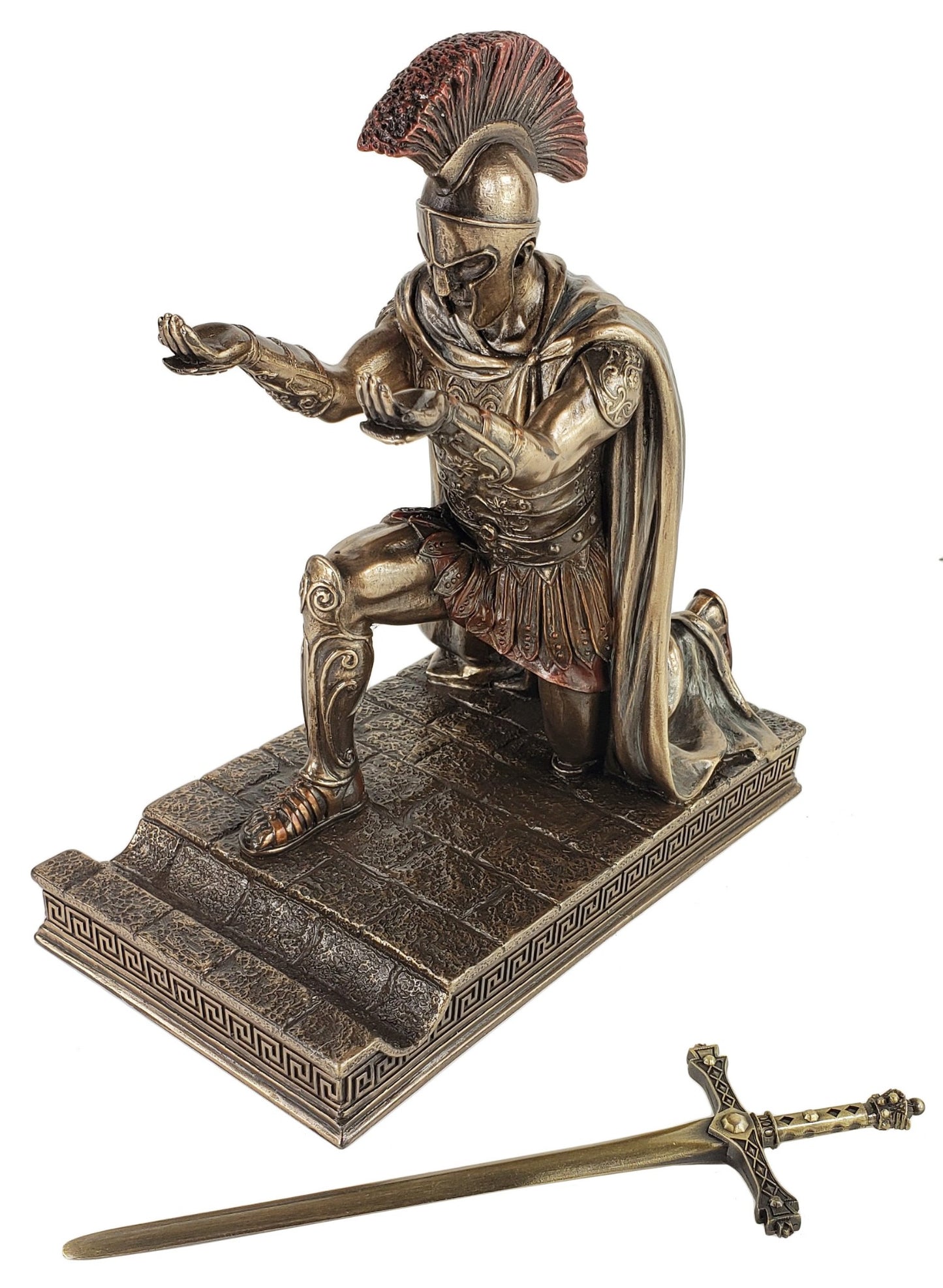 7 1/4" Roman Centurion Officer Soldier Kneeling W/ Spear Statue Bronze Color