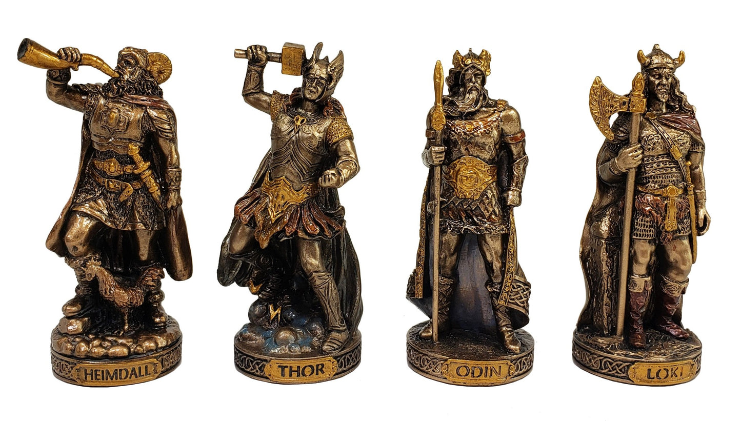 12 Pc 3.5" Viking Norse Gods Mythology Figurine Set Odin Thor Loki Bronze Color