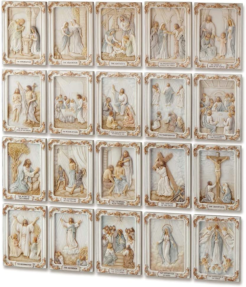 4"x3" 20 pc Mysteries of the Rosary Catholic Prayer Wall Plaque Set White & Gold