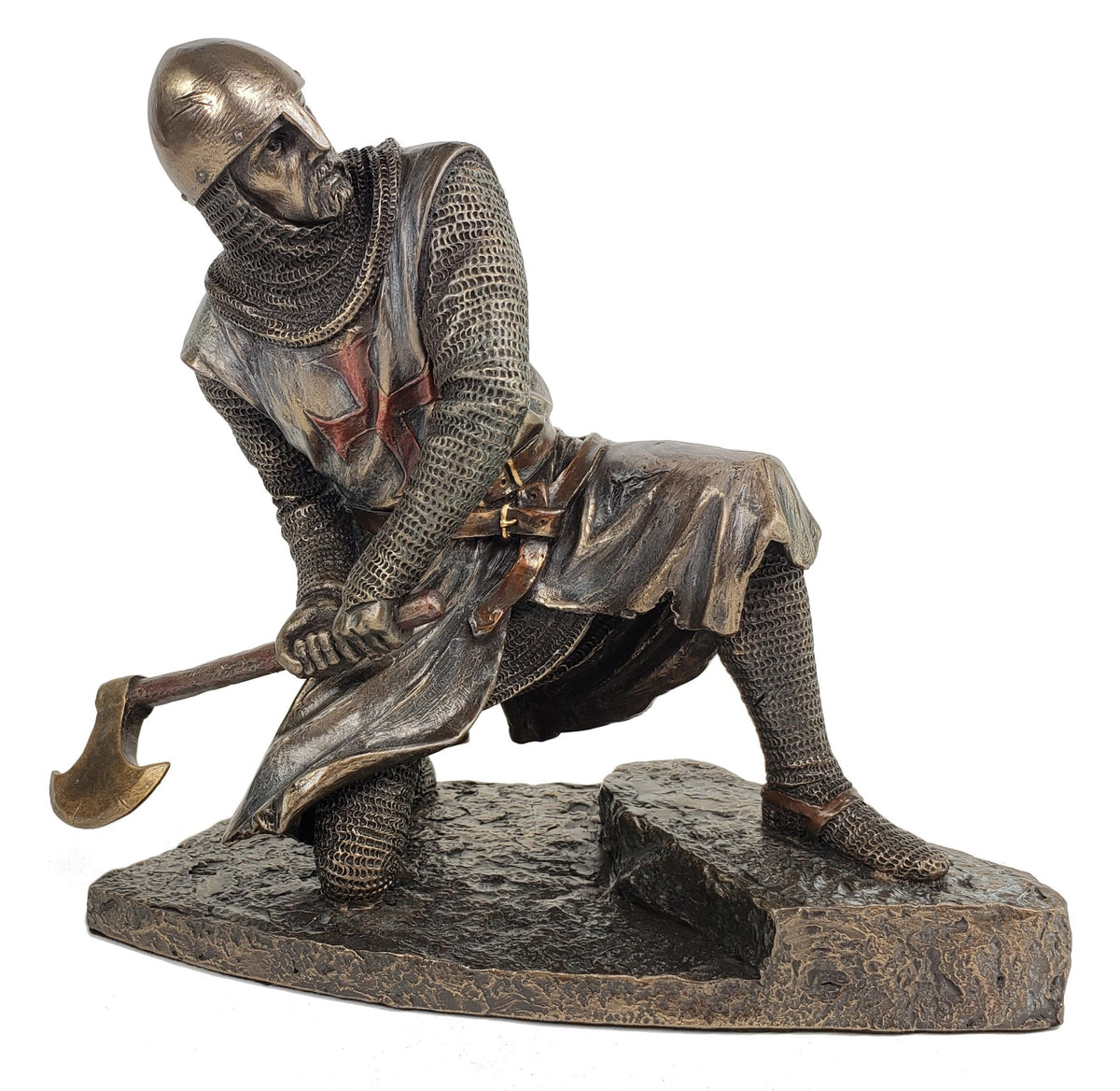 8" Templar Knight Statue Crouching on Stairs w Axe Maltese Cross Bronze Finish