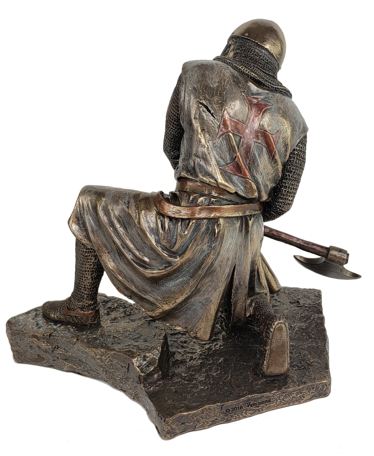 8" Templar Knight Statue Crouching on Stairs w Axe Maltese Cross Bronze Finish