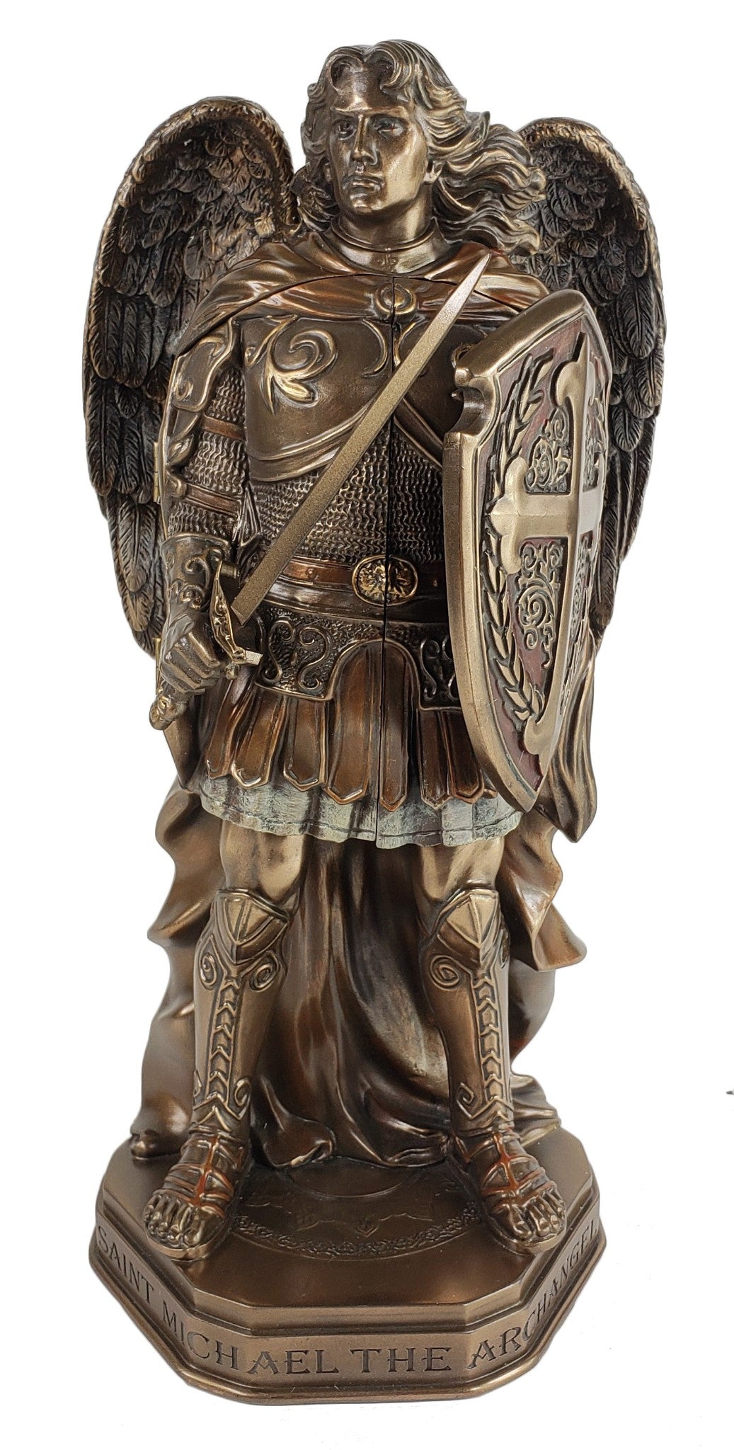 11" Saint Michael ARCHANGEL TRIPTYCH Statue W/ Sword Shield Bronze Finish Angel