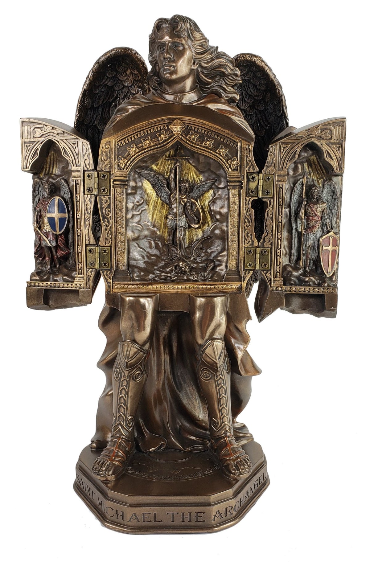 11" Saint Michael ARCHANGEL TRIPTYCH Statue W/ Sword Shield Bronze Finish Angel