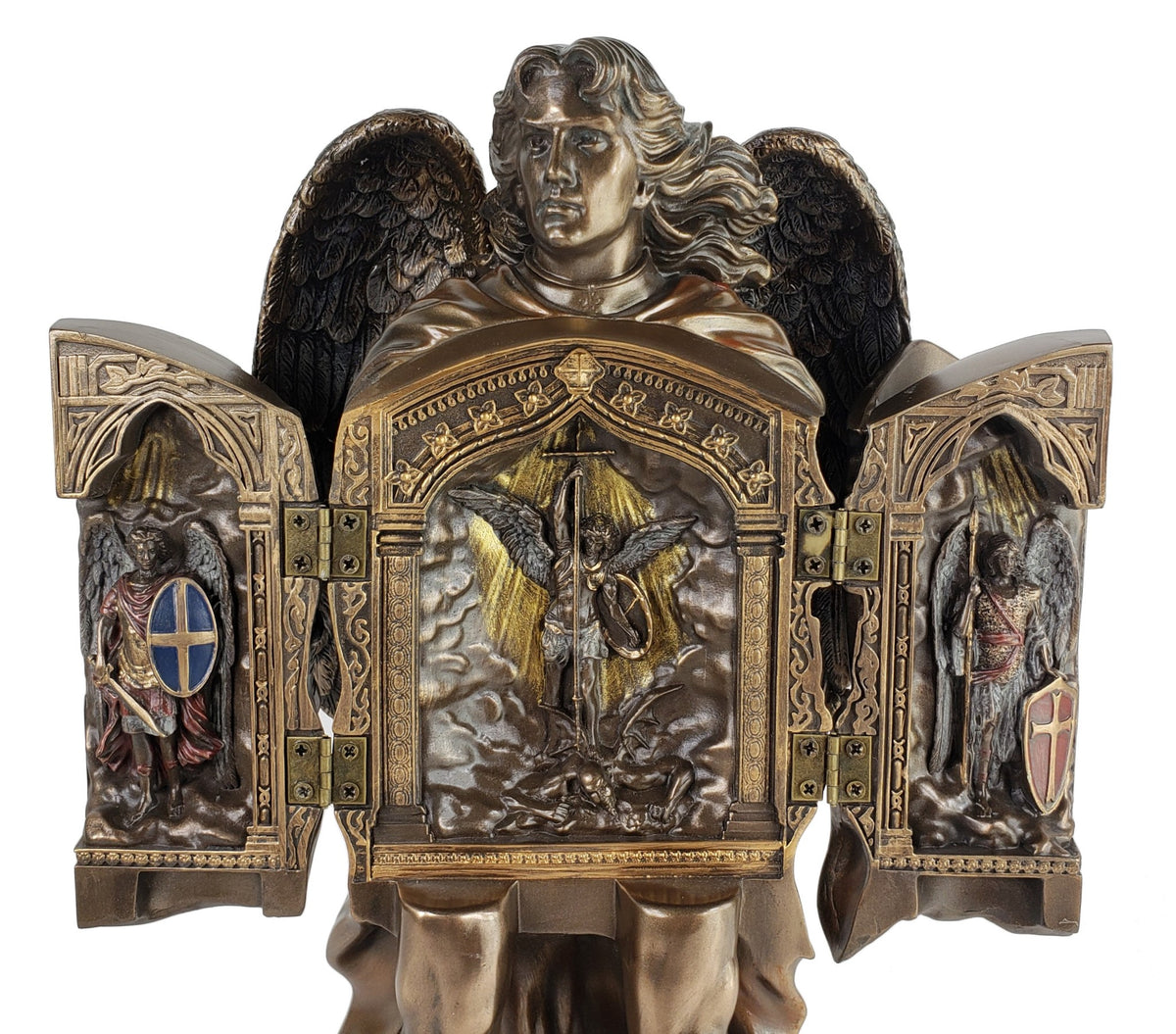 11" Saint Michael ARCHANGEL TRIPTYCH Statue W/ Sword Shield Bronze Finish Angel