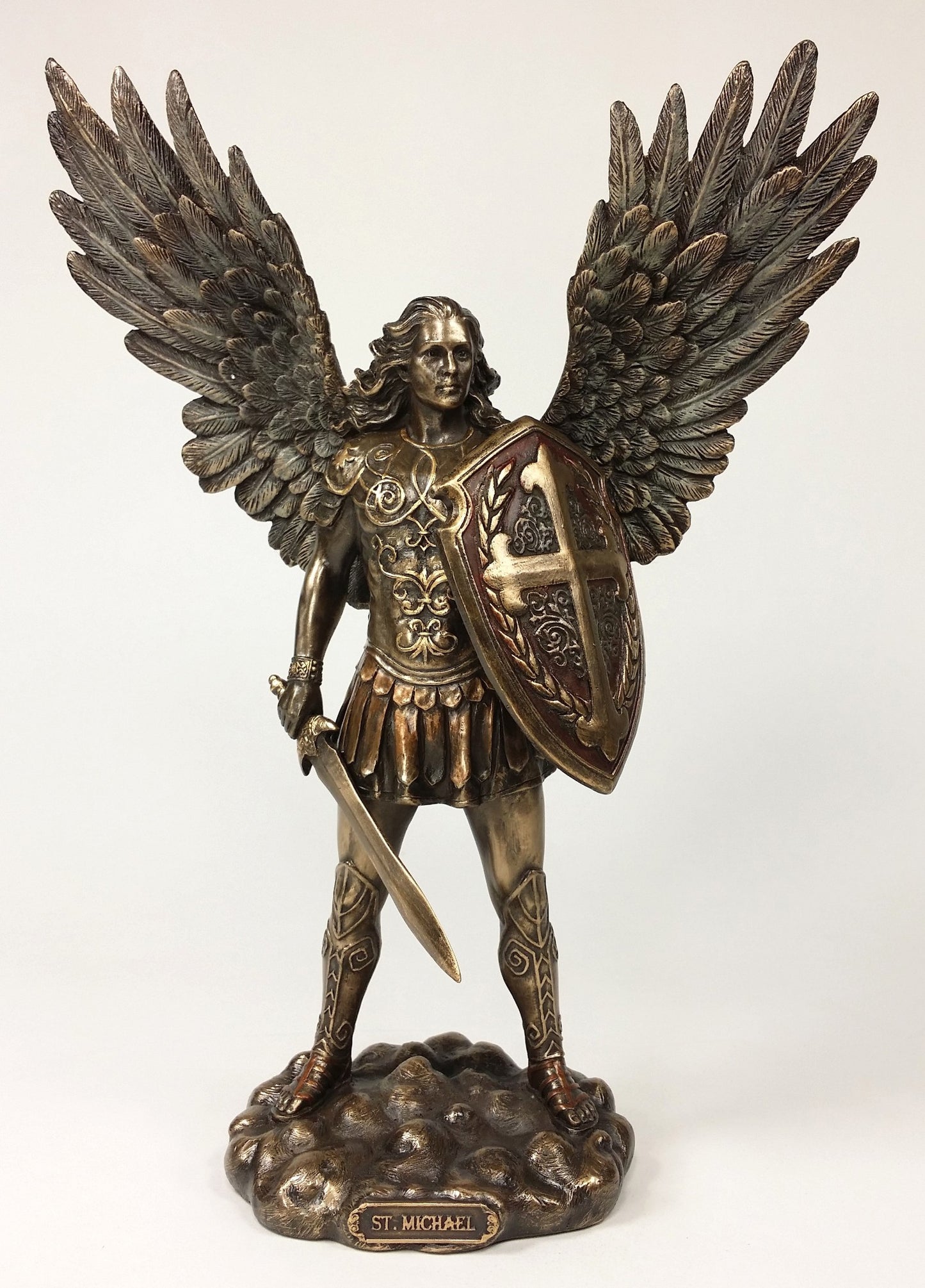 11" Saint Michael ARCHANGEL W Sword & Battle Shield Statue Bronze Finish Angel