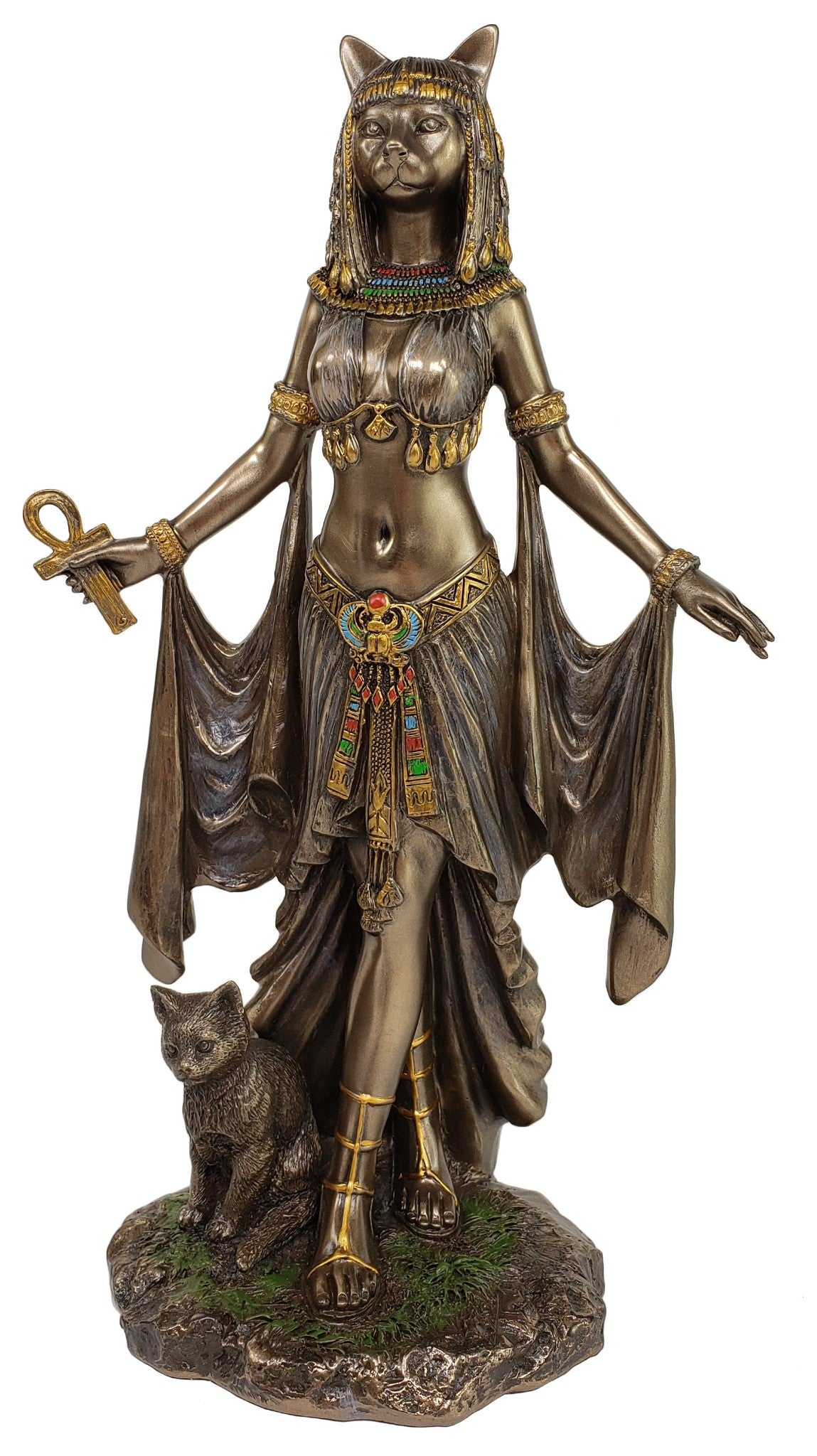 9 3/4nch Egyptian Cat Goddess Bastet with Arms out Statue Antique Bronze Color