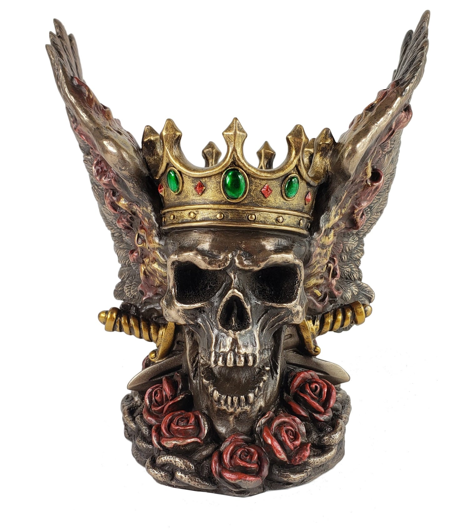 Veronese 5.75" Pirate Skull W Crown Flame Wings & Roses Bronze Color Statue
