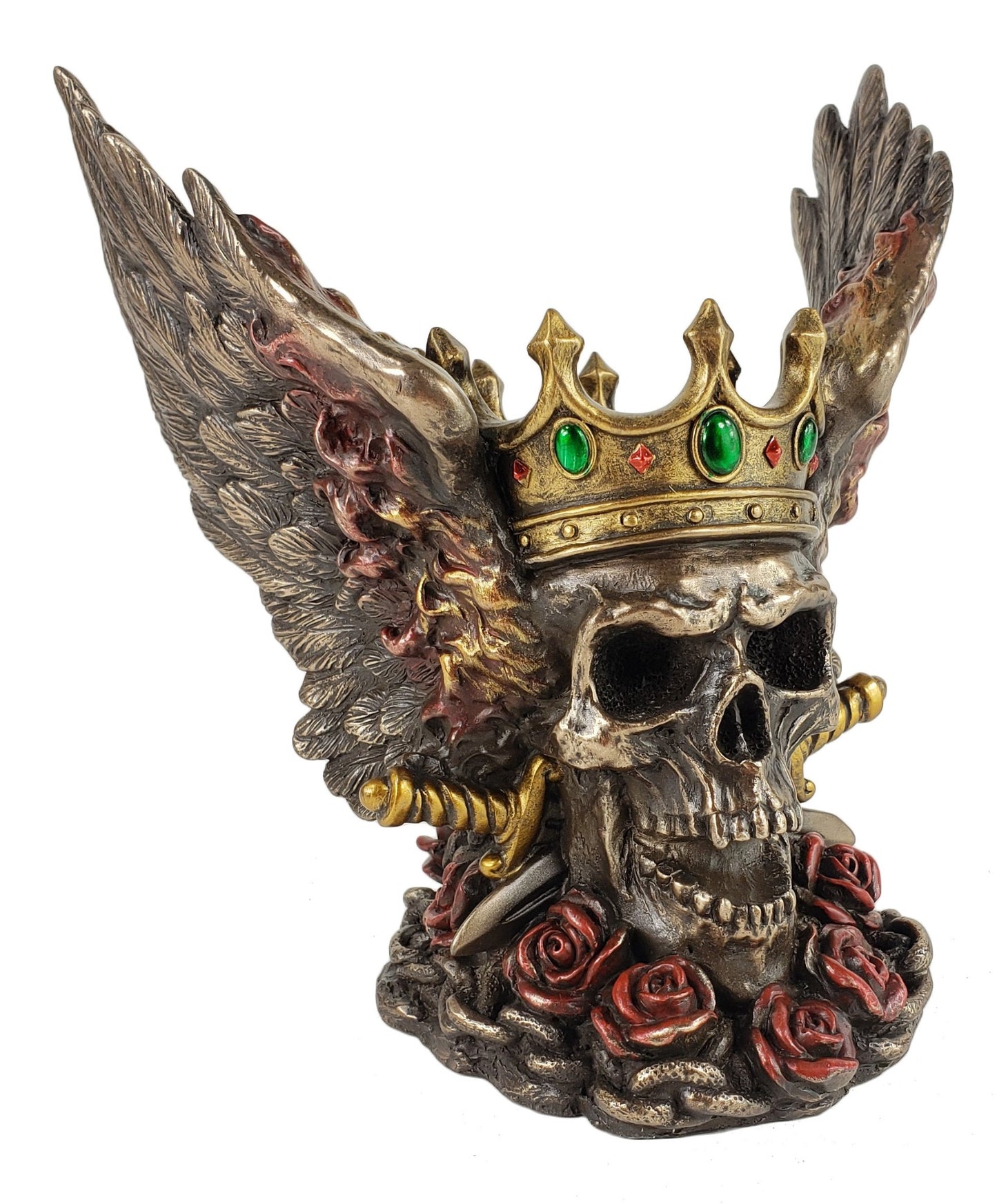Veronese 5.75" Pirate Skull W Crown Flame Wings & Roses Bronze Color Statue