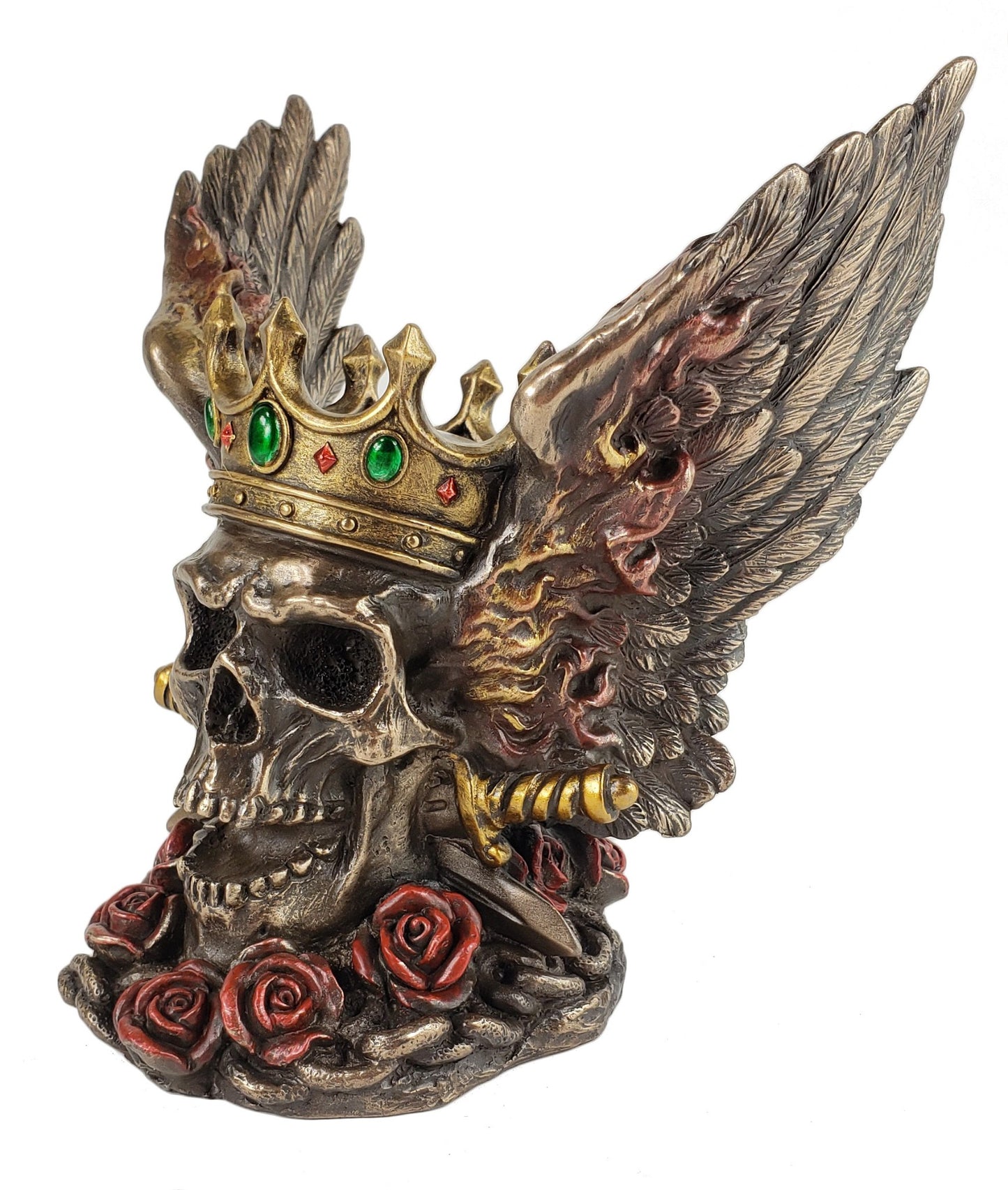 Veronese 5.75" Pirate Skull W Crown Flame Wings & Roses Bronze Color Statue