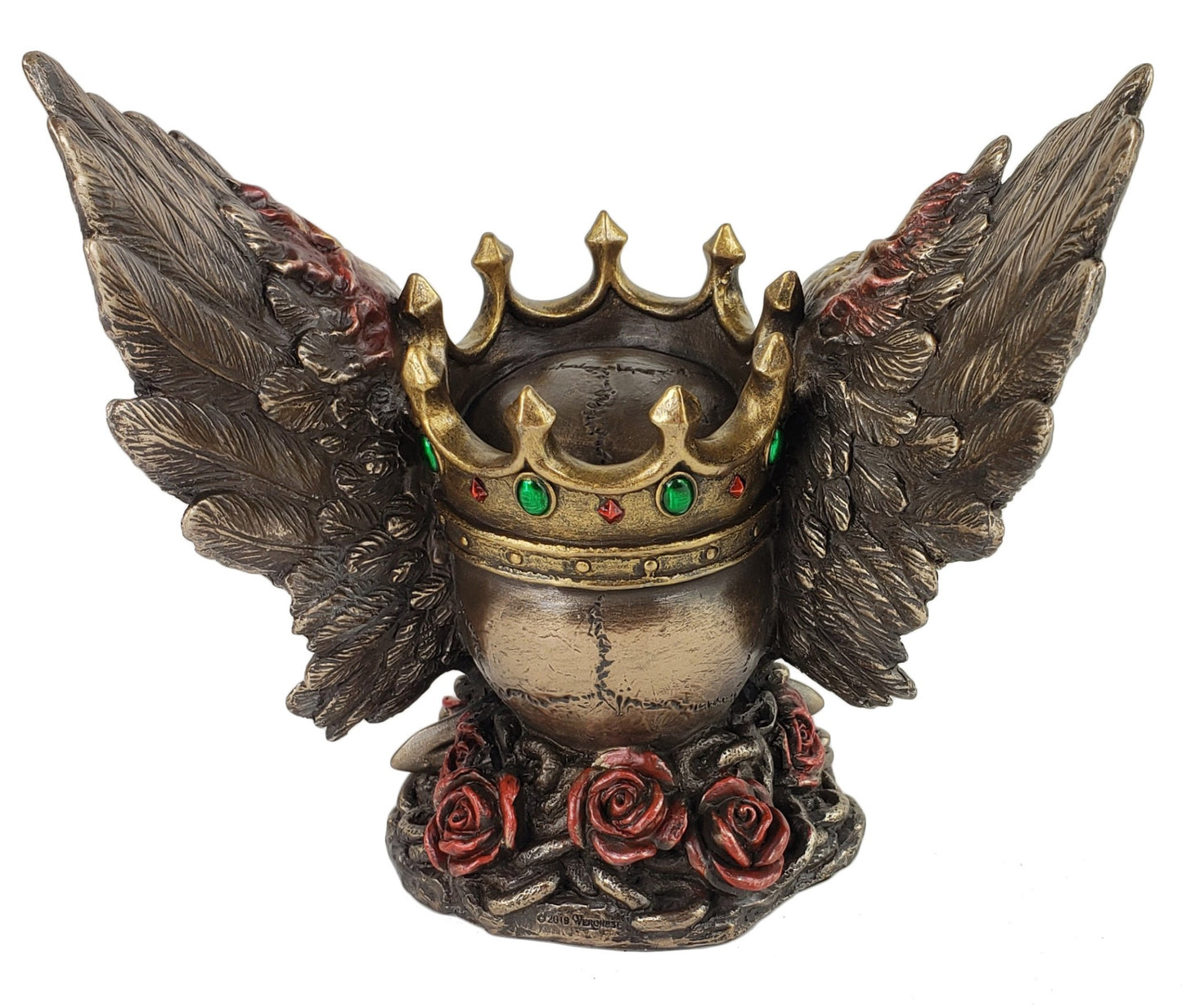 Veronese 5.75" Pirate Skull W Crown Flame Wings & Roses Bronze Color Statue