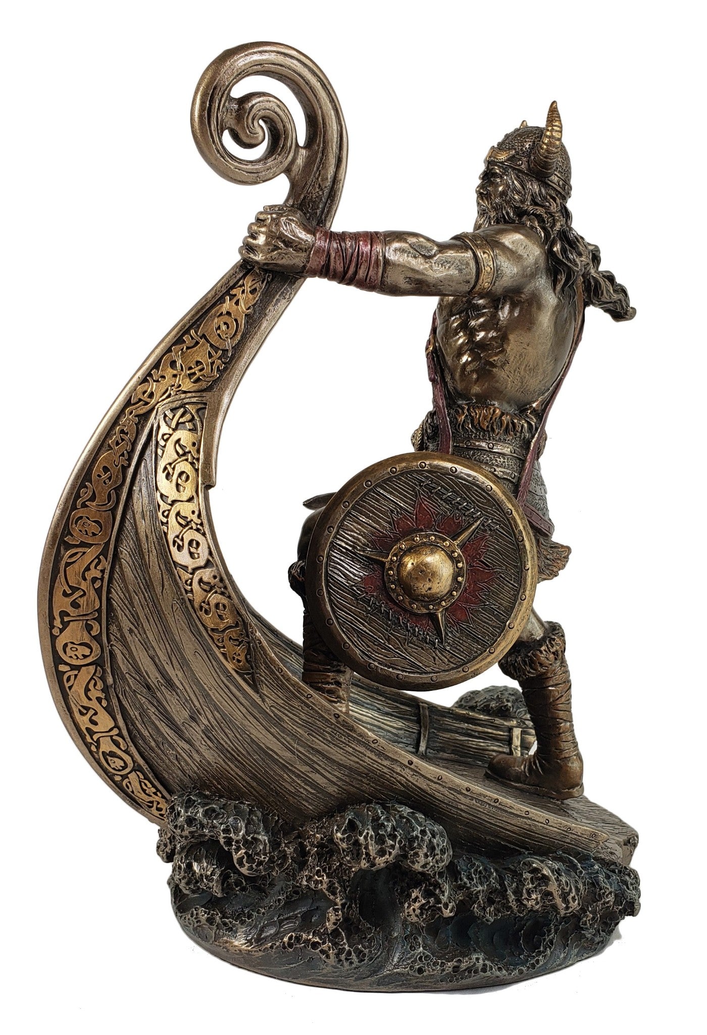 9 1/2 Inch Norse Viking Warrior Standing On Long Ship Prow Bronze Color Statue