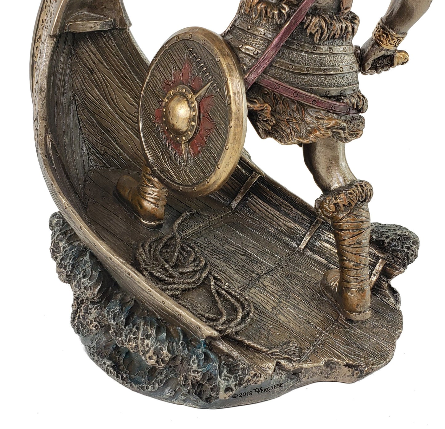 9 1/2 Inch Norse Viking Warrior Standing On Long Ship Prow Bronze Color Statue